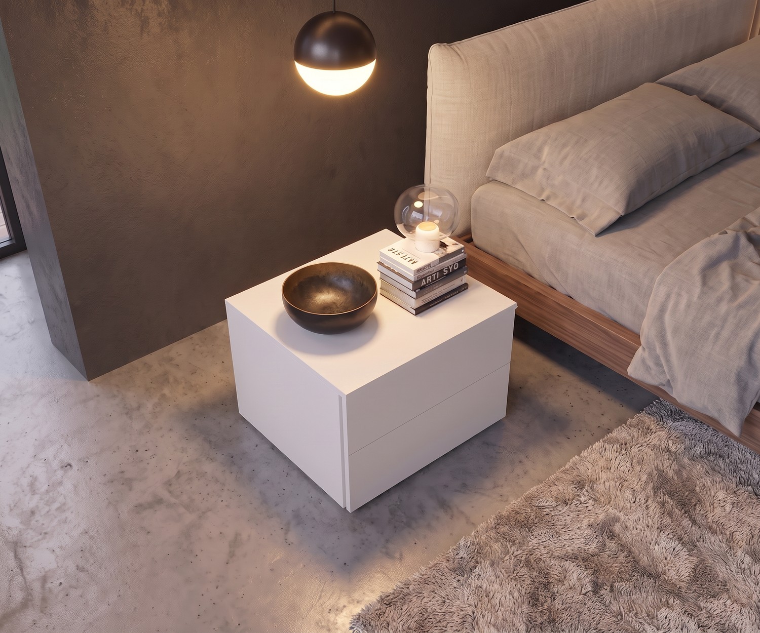 Table de chevet design blanc Livitalia Atena Table de chevet Livitalia Atena avec tiroirs pour la chambre, table de nuit blanche moderne à côté d'un lit beige