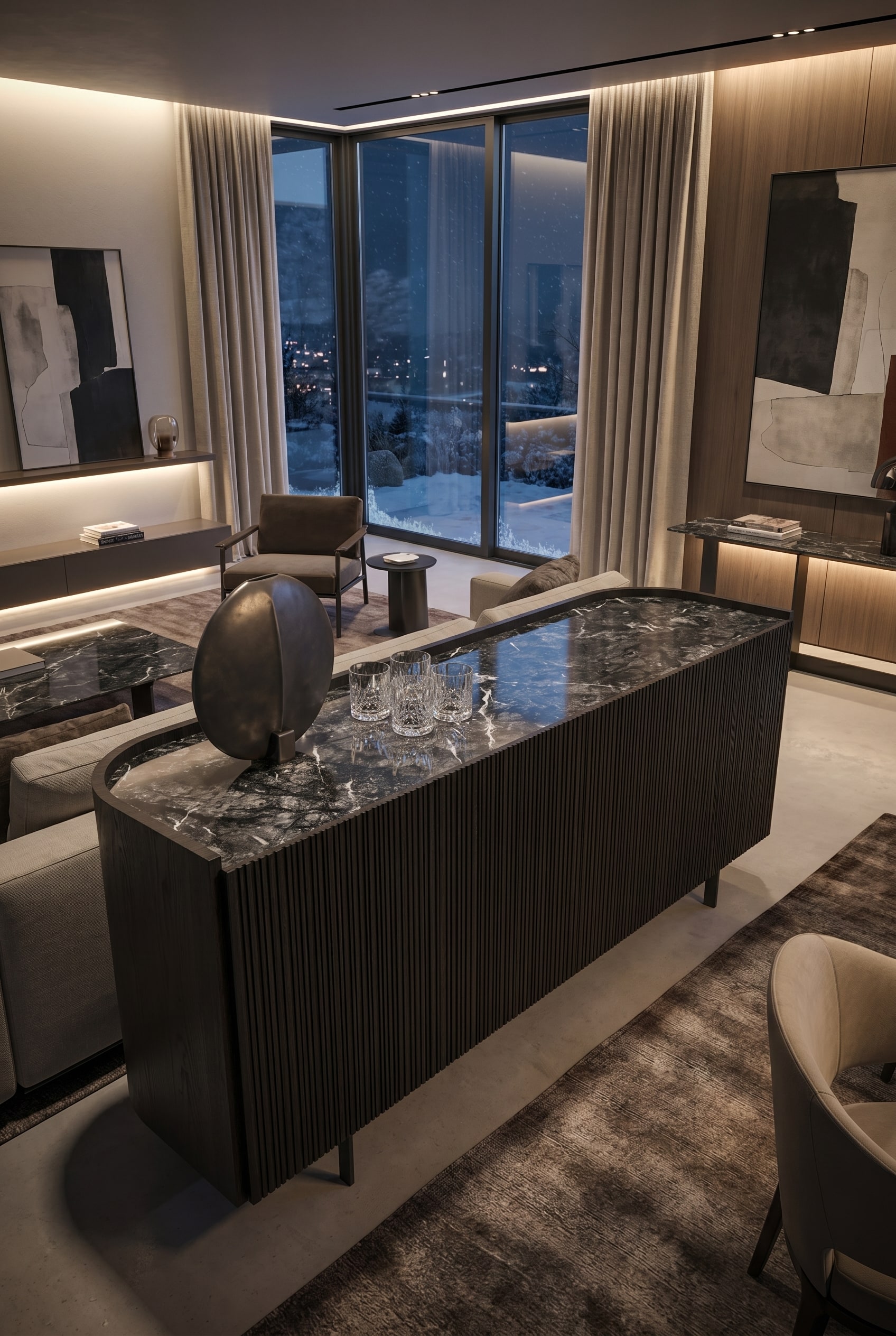 Salon moderne avec un highboard ovale en bois, foncé et cannelé, utilisé comme bar, lumière douce d'hiver