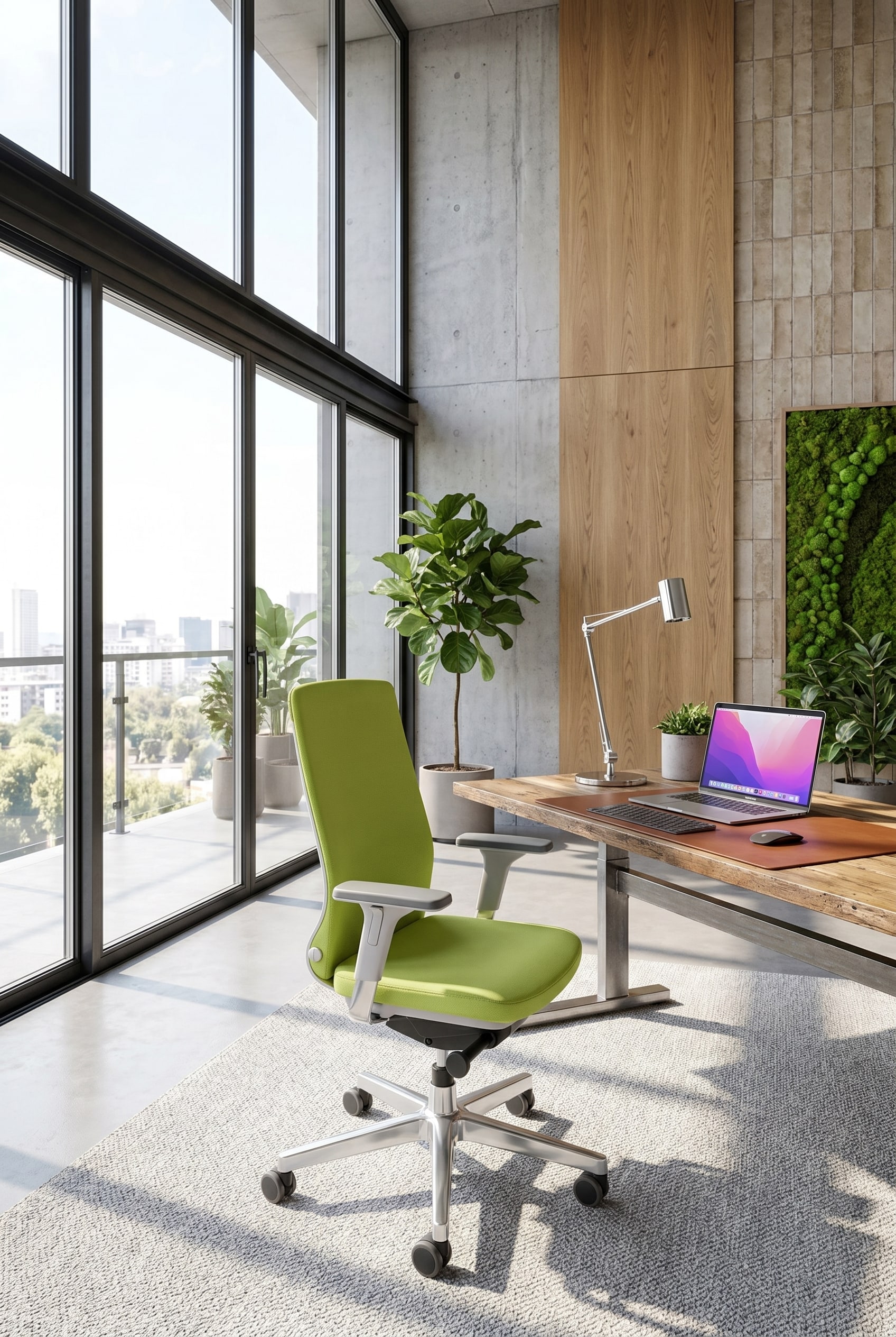 Minimalistischer ergonomischer B&uuml;rostuhl mit Netzr&uuml;cken vor bodentiefen Fenstern in hellem Management-B&uuml;ro