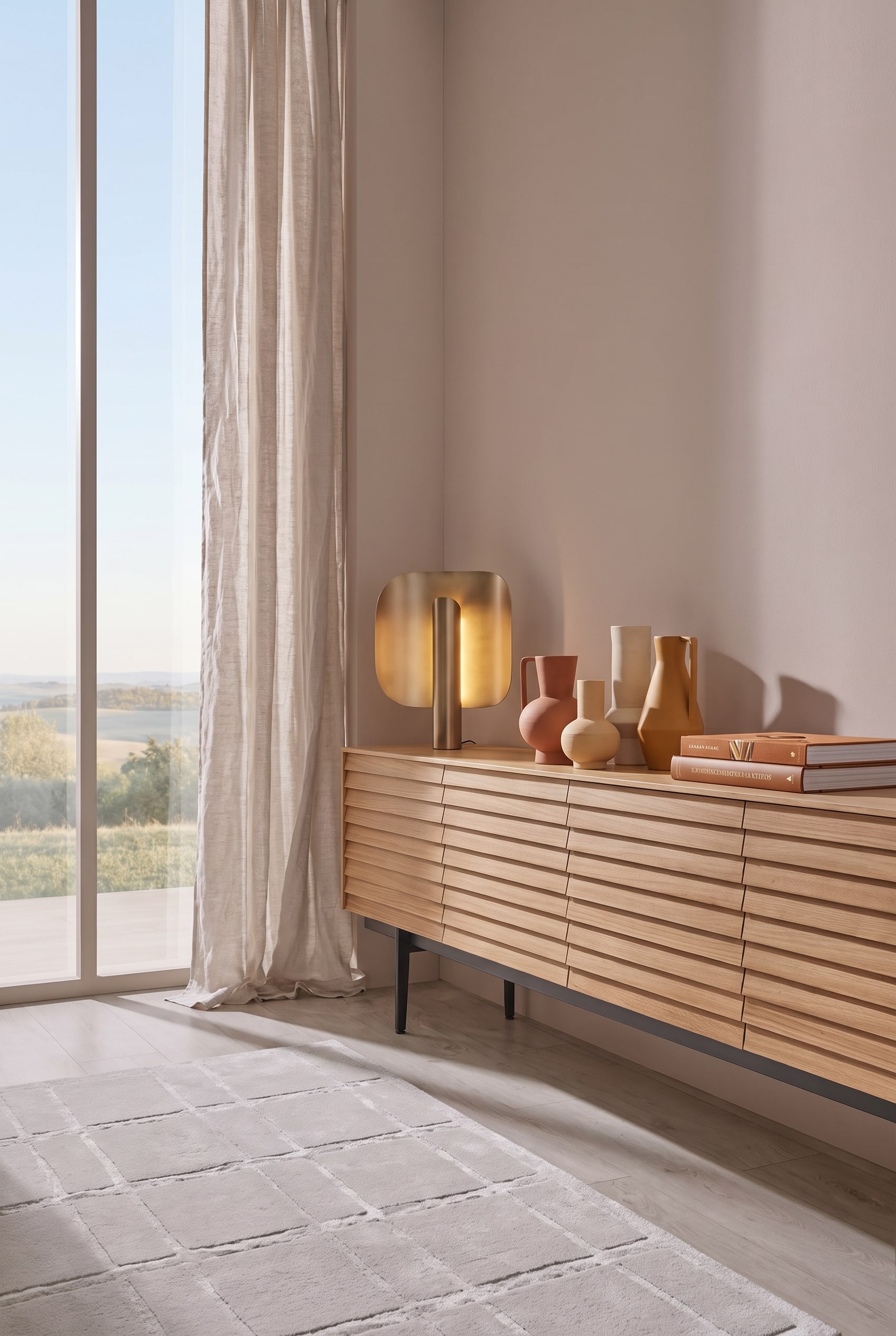 Salon minimaliste avec un buffet en ch&ecirc;ne &agrave; fa&ccedil;ade lamell&eacute;e et une lampe de table &agrave; lumi&egrave;re chaude