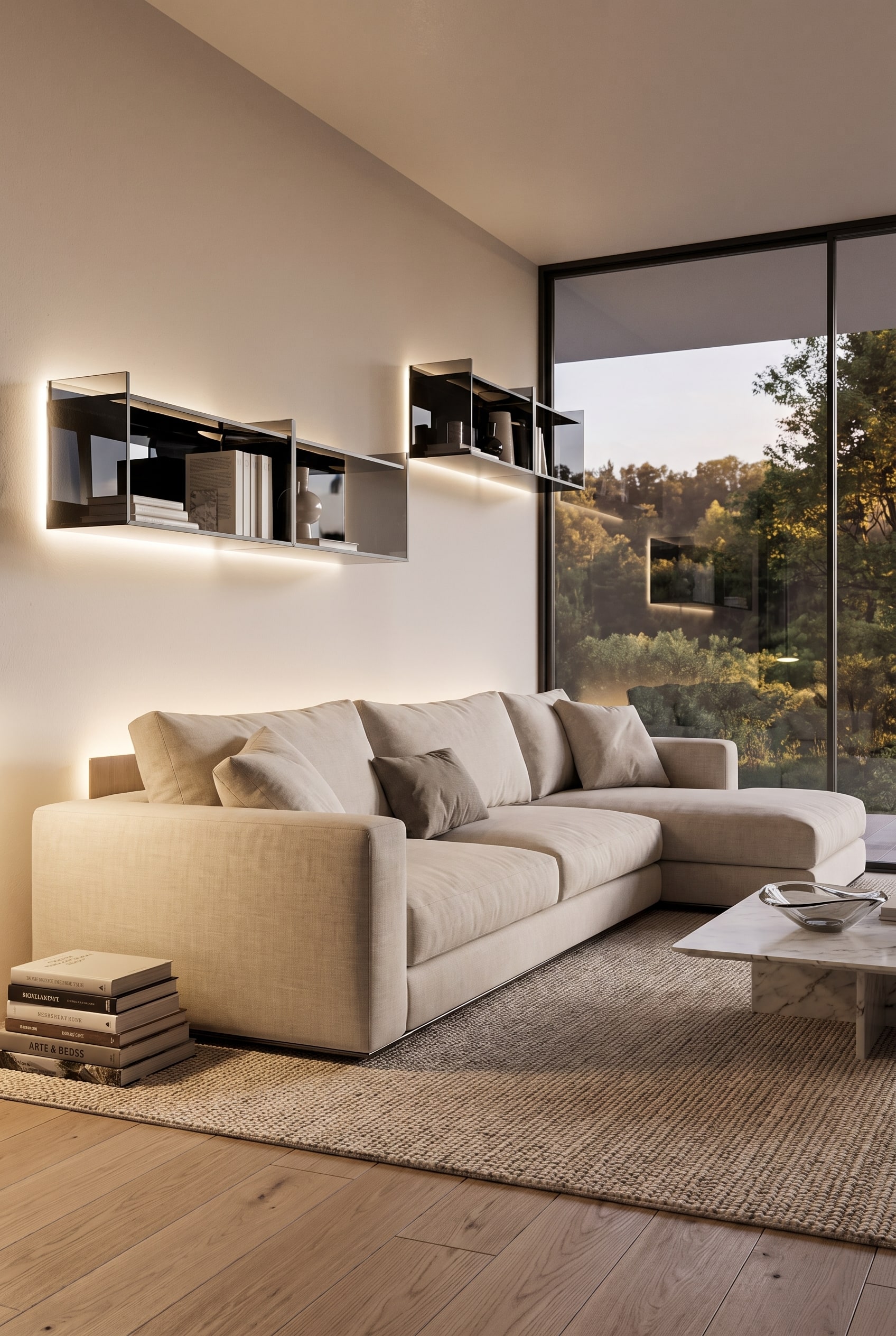 Salon élégant avec étagère murale en verre et profils fins en aluminium ainsi qu'un canapé d'angle