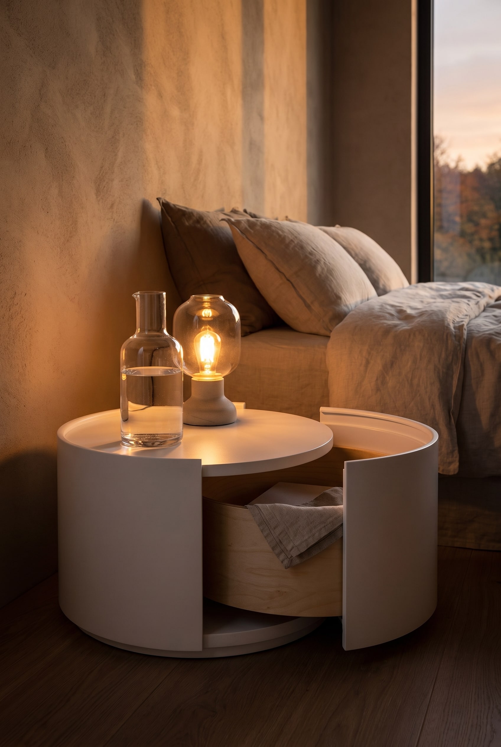 Table de chevet ronde moderne de forme cylindrique avec tiroir supérieur ouvert dans une chambre à coucher doucement éclairée