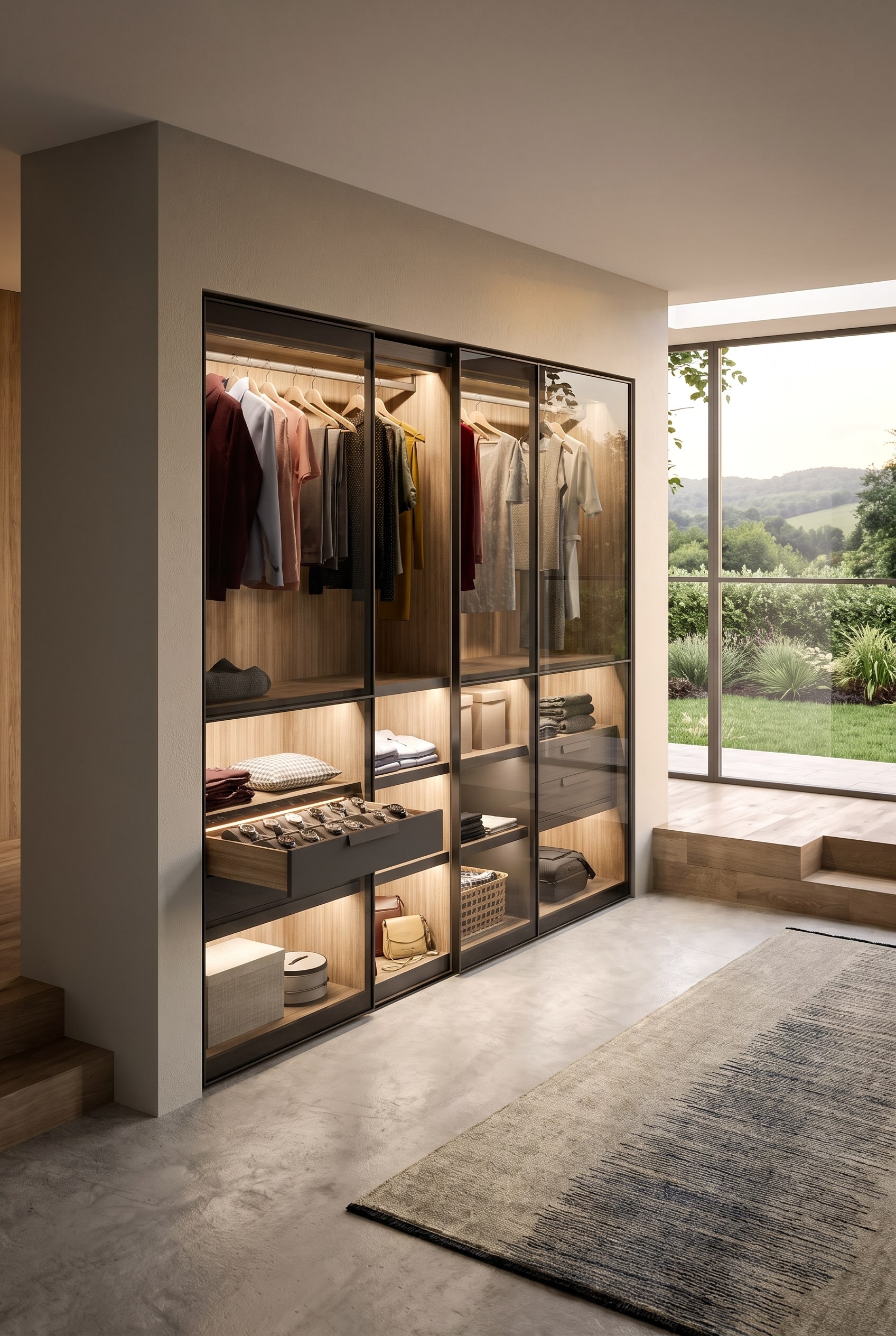 Ein raumhoher Einbauschrank. Im Inneren befindet sich auf mittlerer H&ouml;he eine sanft gleitende Innenschublade mit Rauchglasfront, in der eine Uhrensammlung staubfrei aufbewahrt wird.