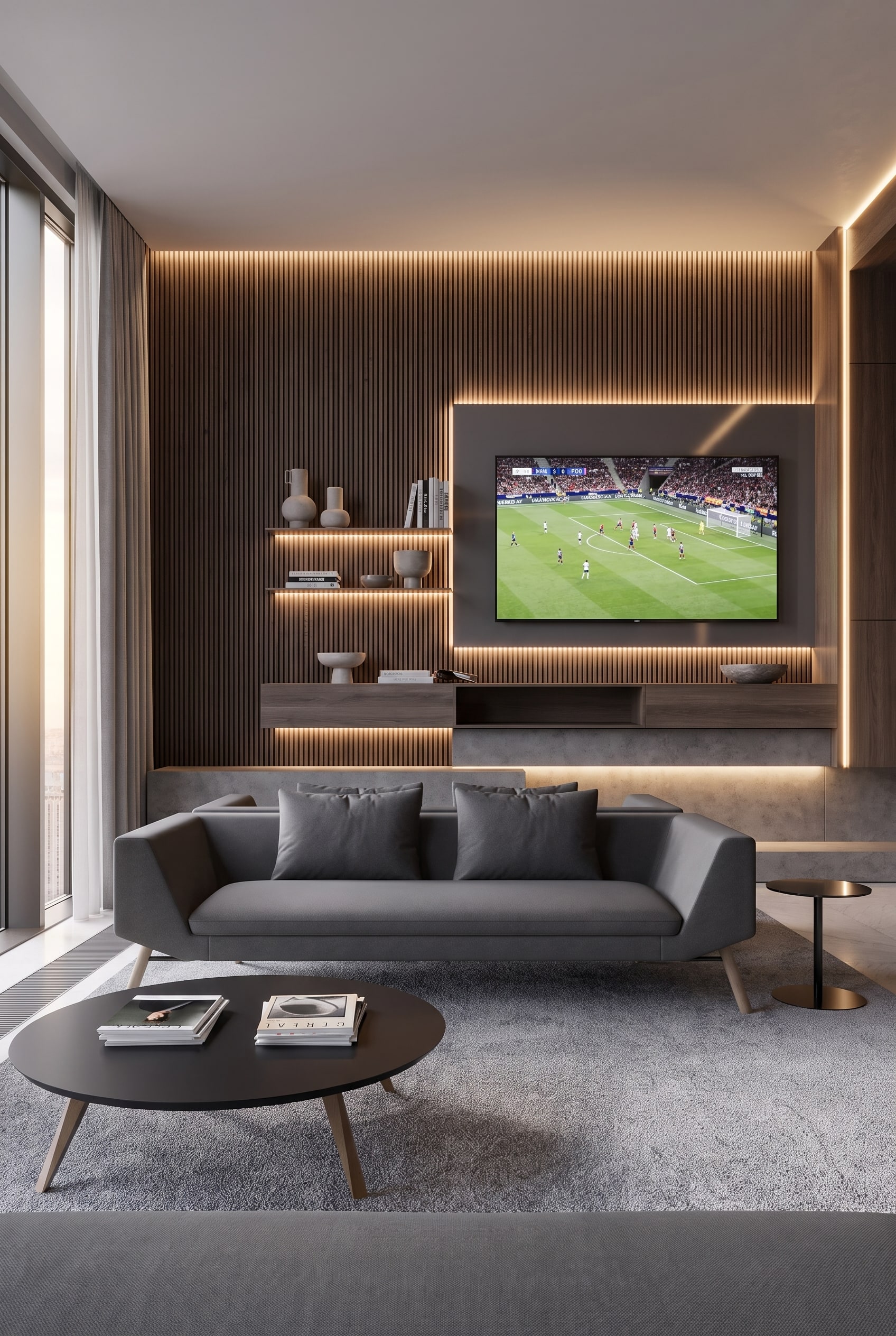Ein geräumiges, modernes Wohnzimmer mit dem Prostoria Sofa Classic als große, gemütliche Heimtribüne vor einem großen Bildschirm.