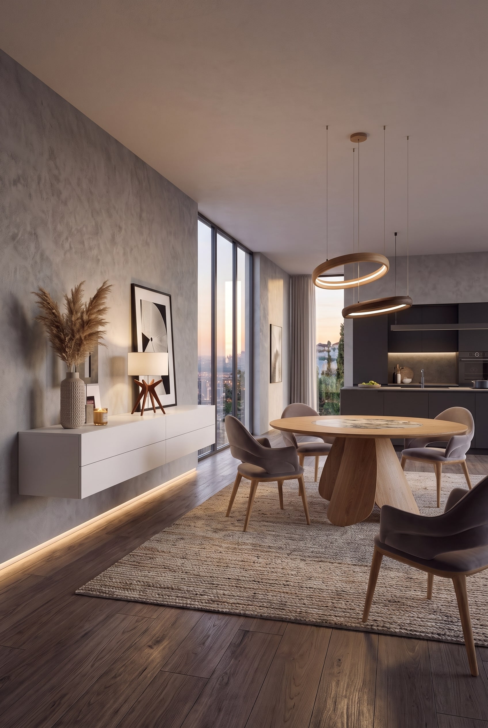 Eine moderne Novamobili H&auml;ngekommode mit vier grifflosen Schubladen schwebt in einem elegant eingerichteten Esszimmer an der Wand.