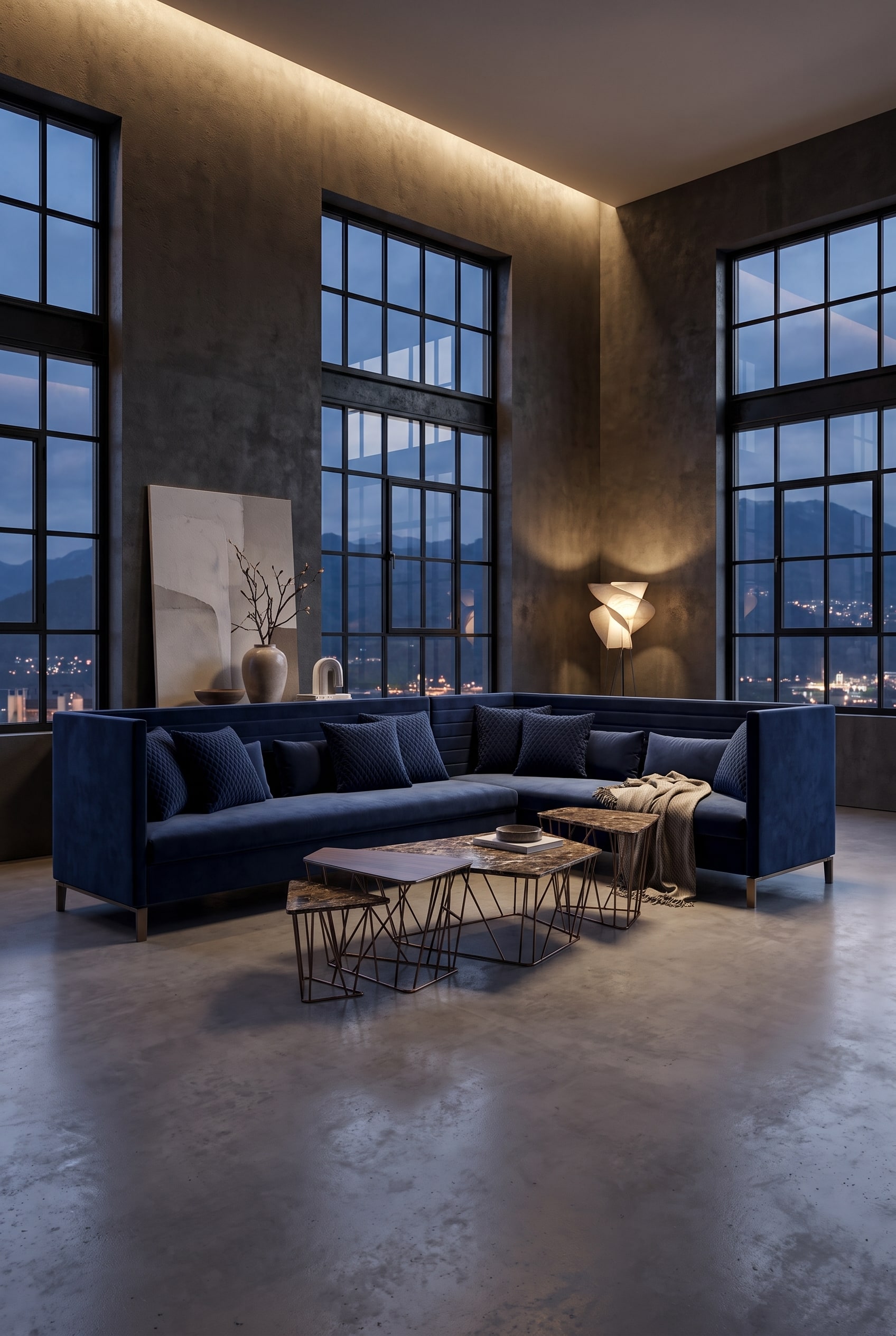 Loft minimaliste avec un canapé en velours bleu profond et dossier capitonné, entouré de beaucoup d'espace libre