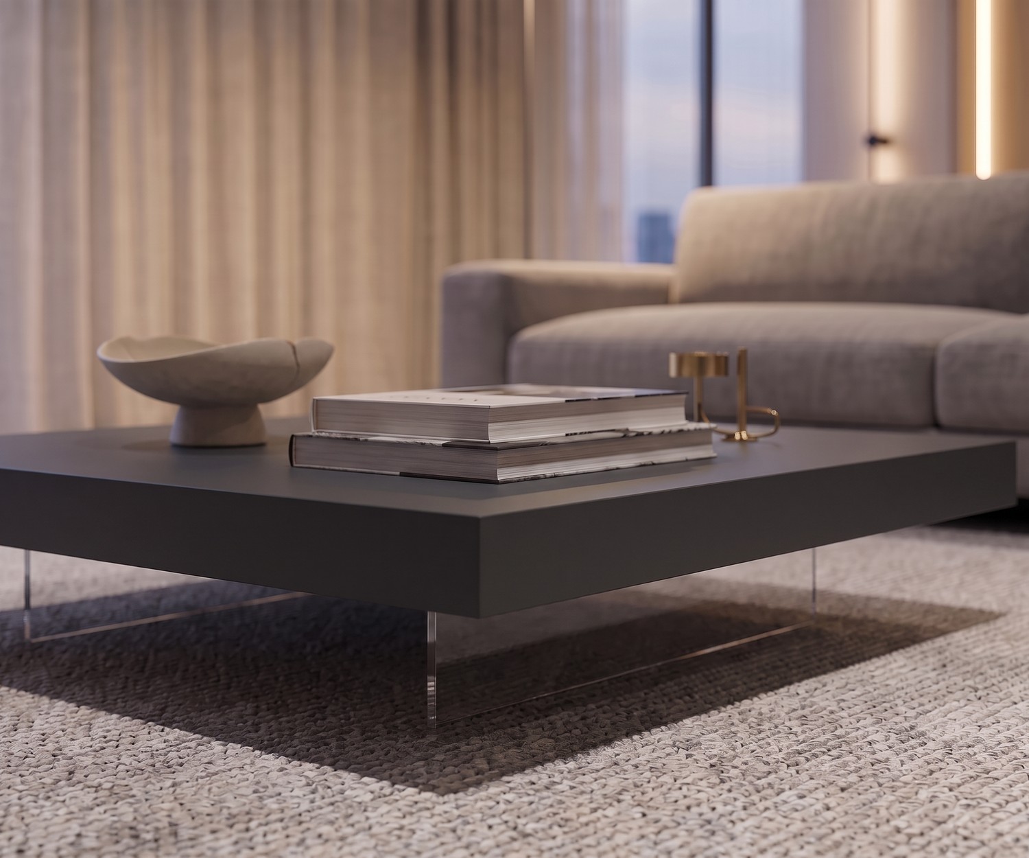 Moderner Livitalia Couchtisch Low in Anthrazit Grau auf transparenten Füßen für das Wohnzimmer.