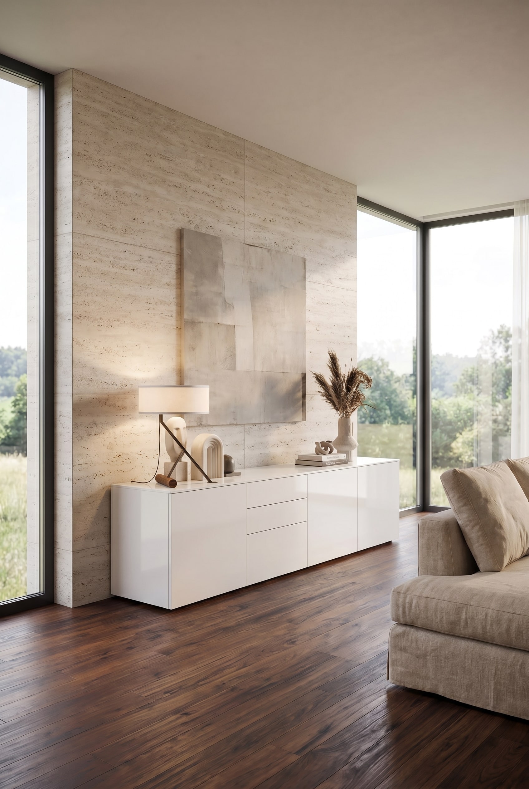 Livitalia Sideboard Nolea in einem modernen Wohnzimmer, perfekt proportioniert mit optimalem Wandabstand