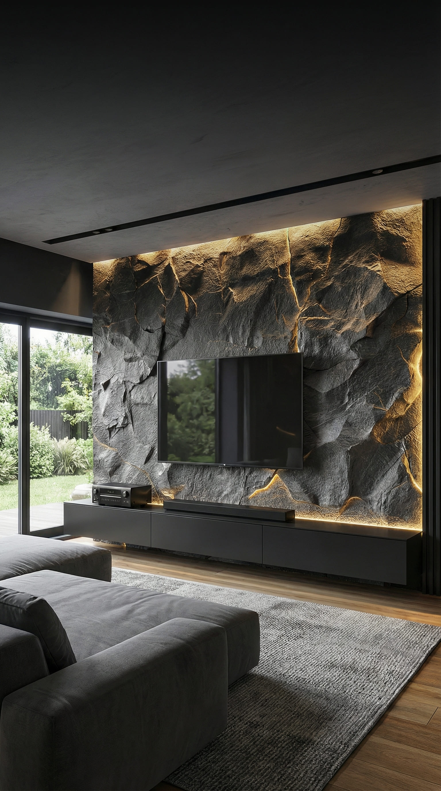 Meuble bas noir extra large de 300 cm suspendu sous un grand t&eacute;l&eacute;viseur