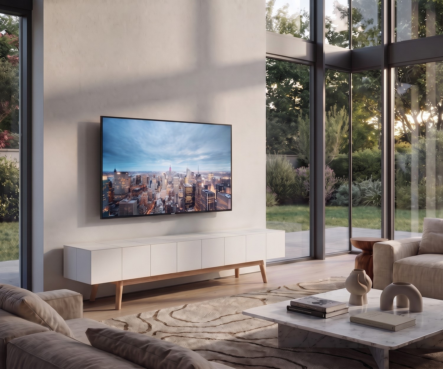 Meuble TV design al2 MOS-I-KO 005 B Meuble TV bas MOS-I-KO 005 B dans un salon moderne, blanc laqué mat avec pieds en bois massif.