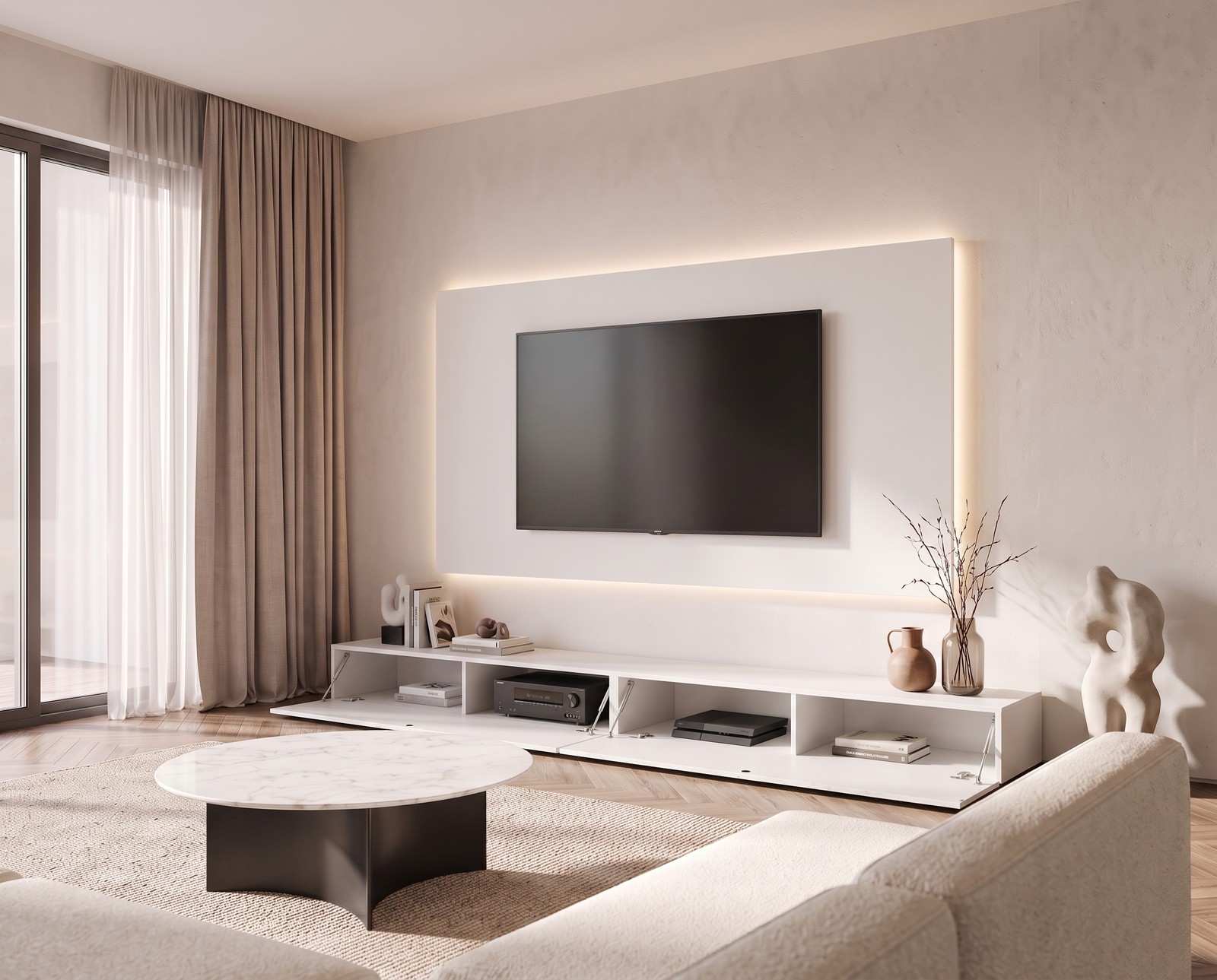 Lowboard der Wohnwand C111 in Weiß mit geöffneten Klapptüren