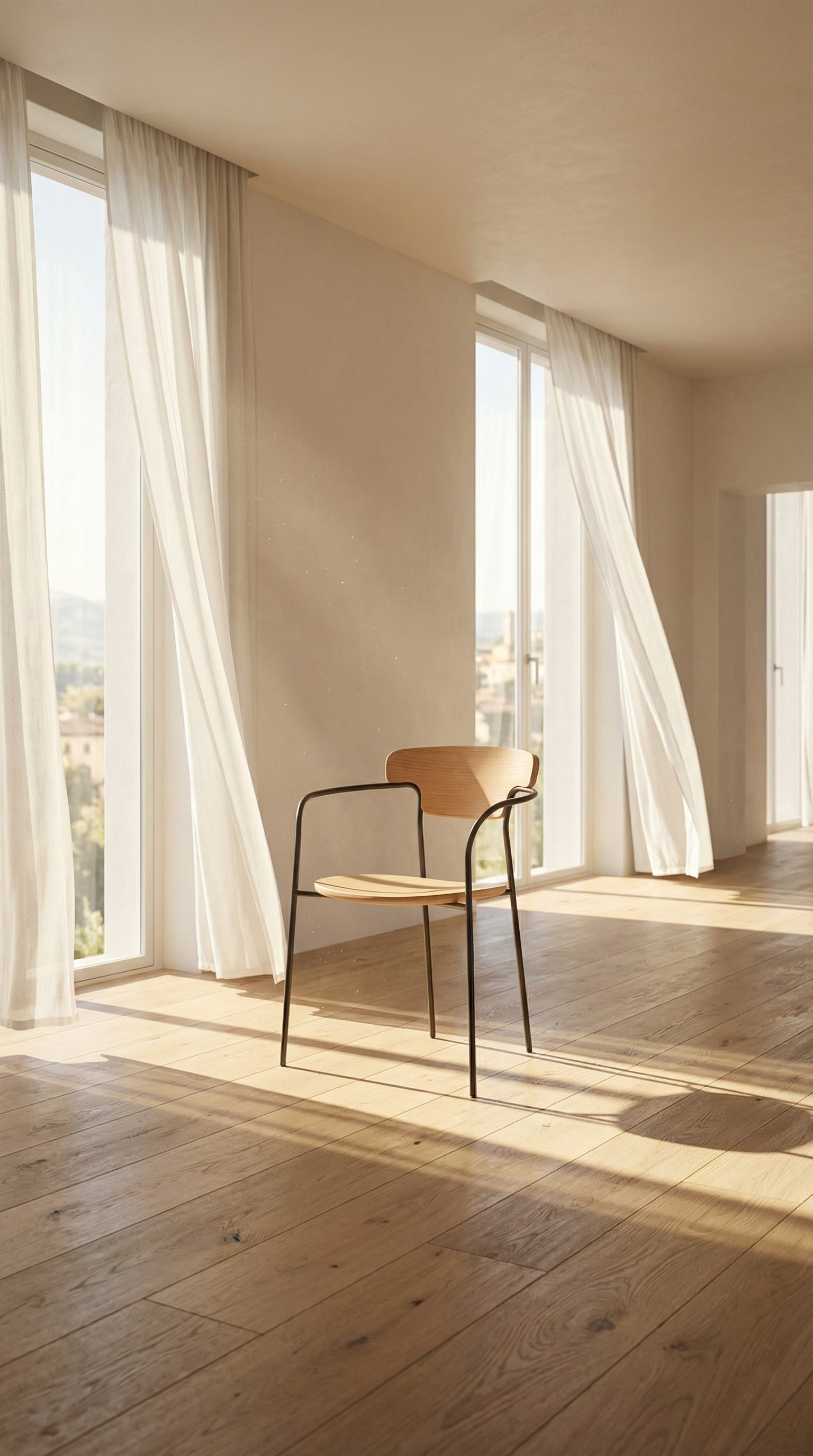 Moderner Holzstuhl mit filigranem schwarzem Metallgestell und heller Holzsitzfläche im Sonnenlicht Moderner Holzstuhl mit filigranem schwarzem Metallgestell und heller Holzsitzfläche im Sonnenlicht