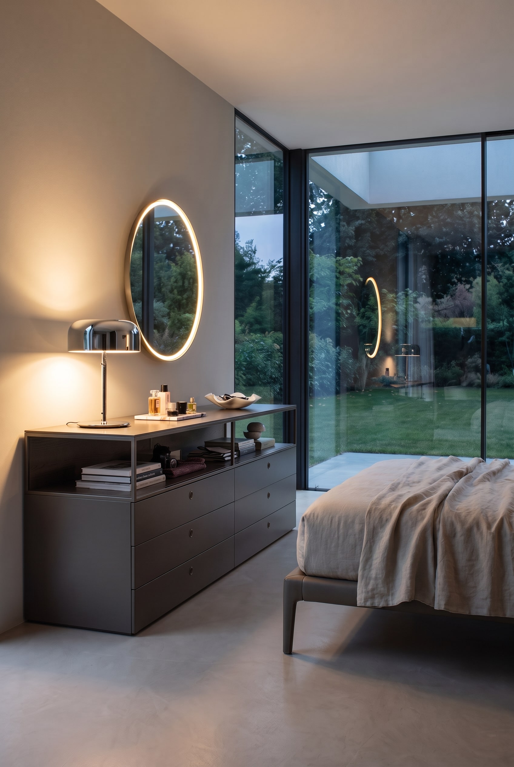 Modernes Schlafzimmer mit bodentiefen Fenstern, puristischem Estrichboden und einer grauen Kommode. Dar&uuml;ber h&auml;ngt ein runder Spiegel mit indirekter LED-Beleuchtung.