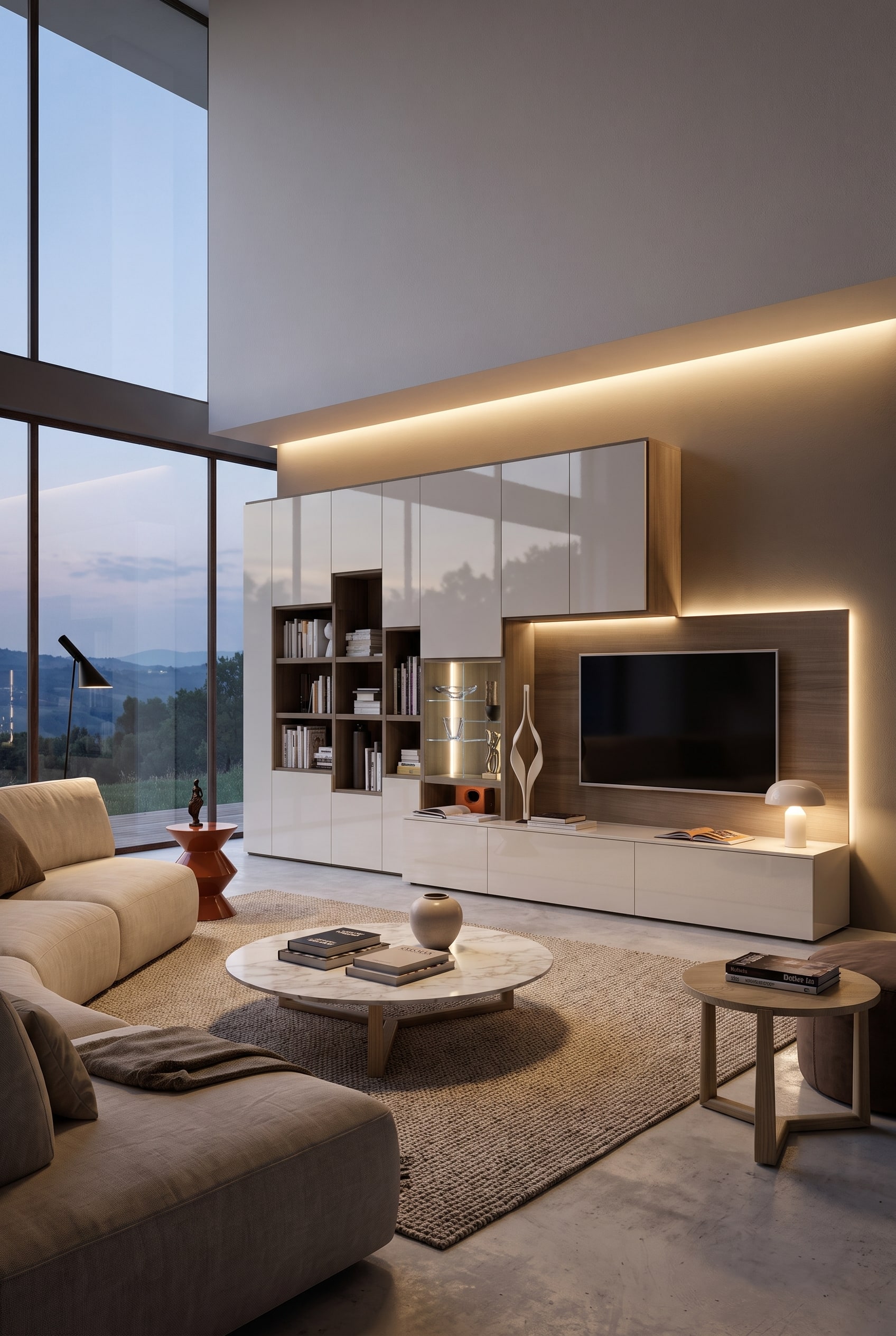 Moderne asymmetrische Wohnwand mit integriertem Fernseher und offenen B&uuml;cherf&auml;chern in einem gro&szlig;z&uuml;gigen, hohen Wohnraum