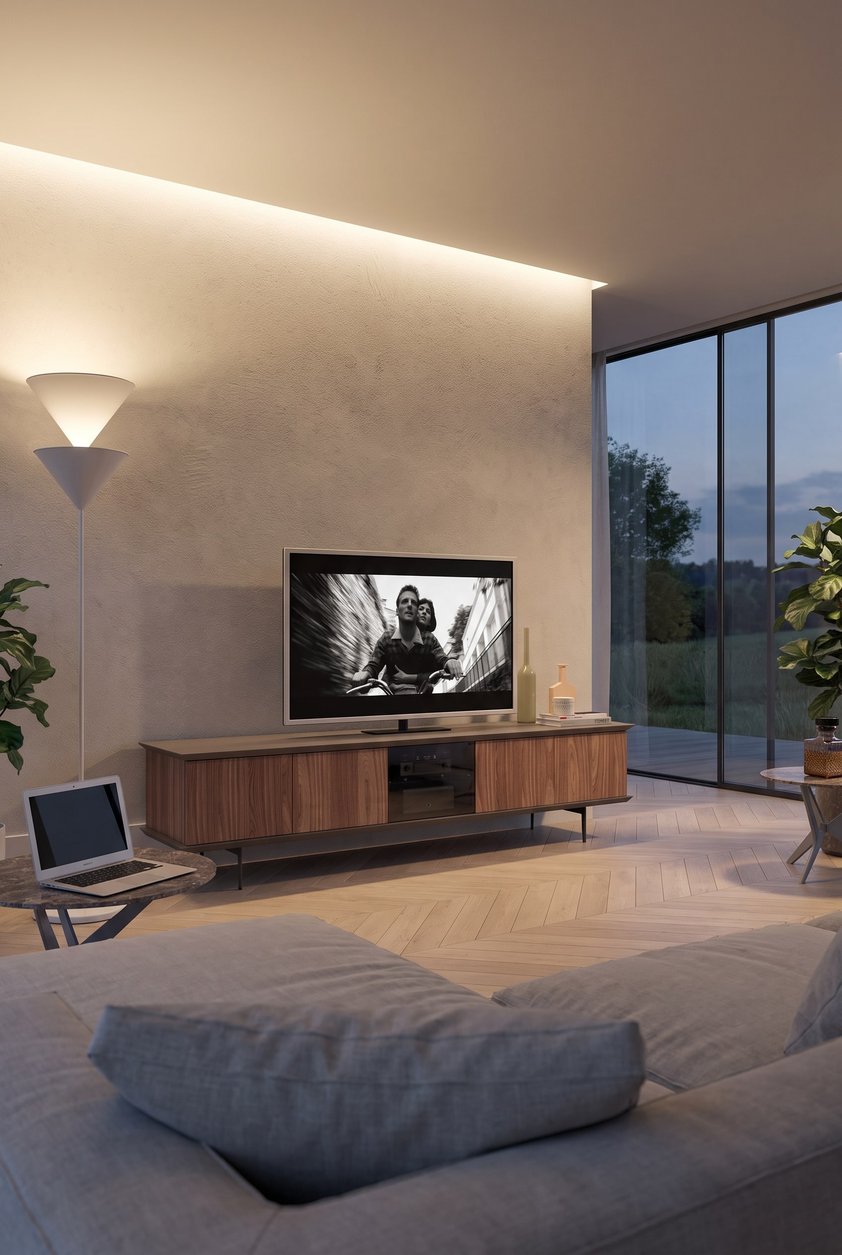 Meuble bas en bois Ozzio Brera minimaliste avec veinure lisse et continue et fa&ccedil;ades sans poign&eacute;es dans un salon moderne