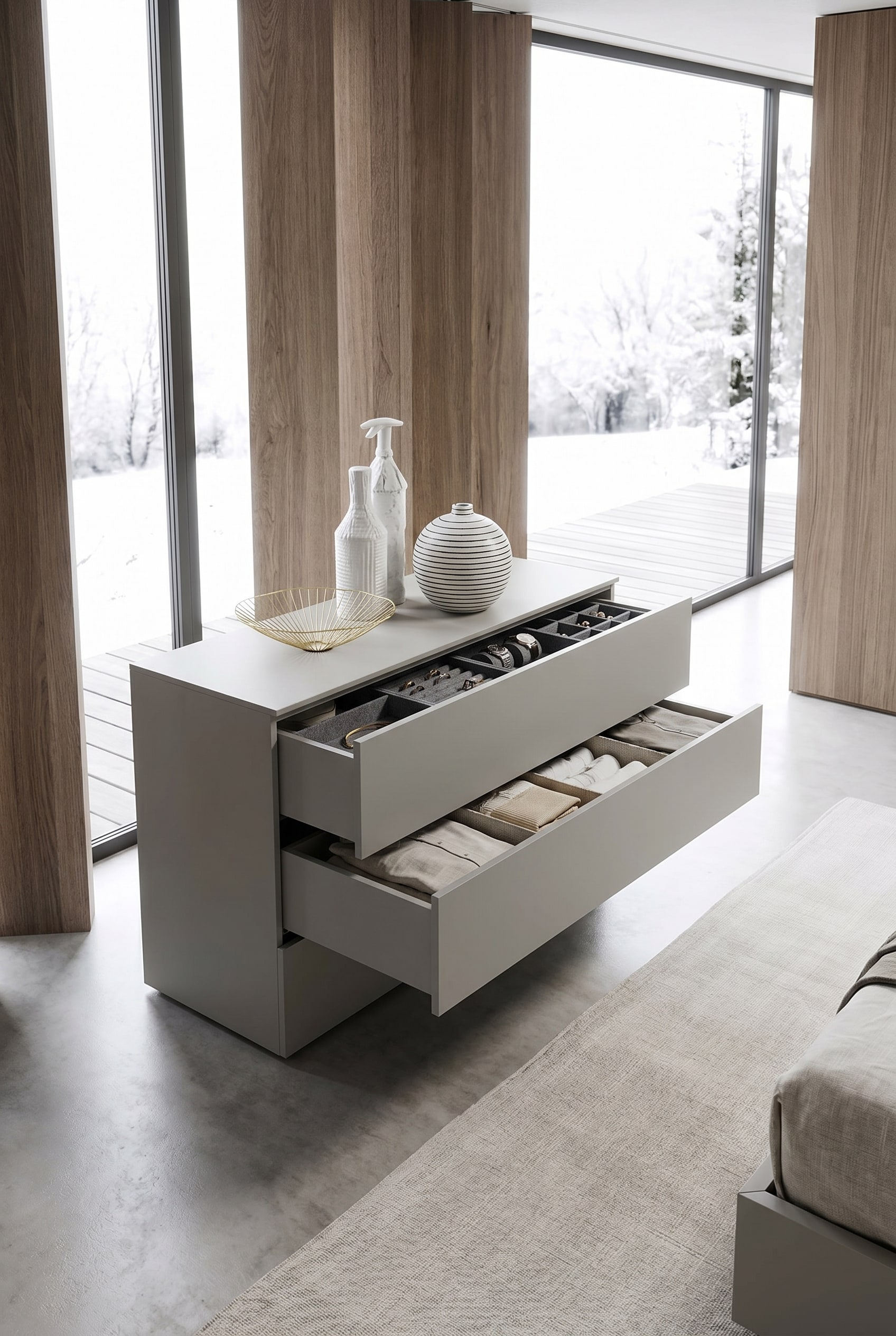 Chambre minimaliste avec commode sans poign&eacute;e, mate et blanche
