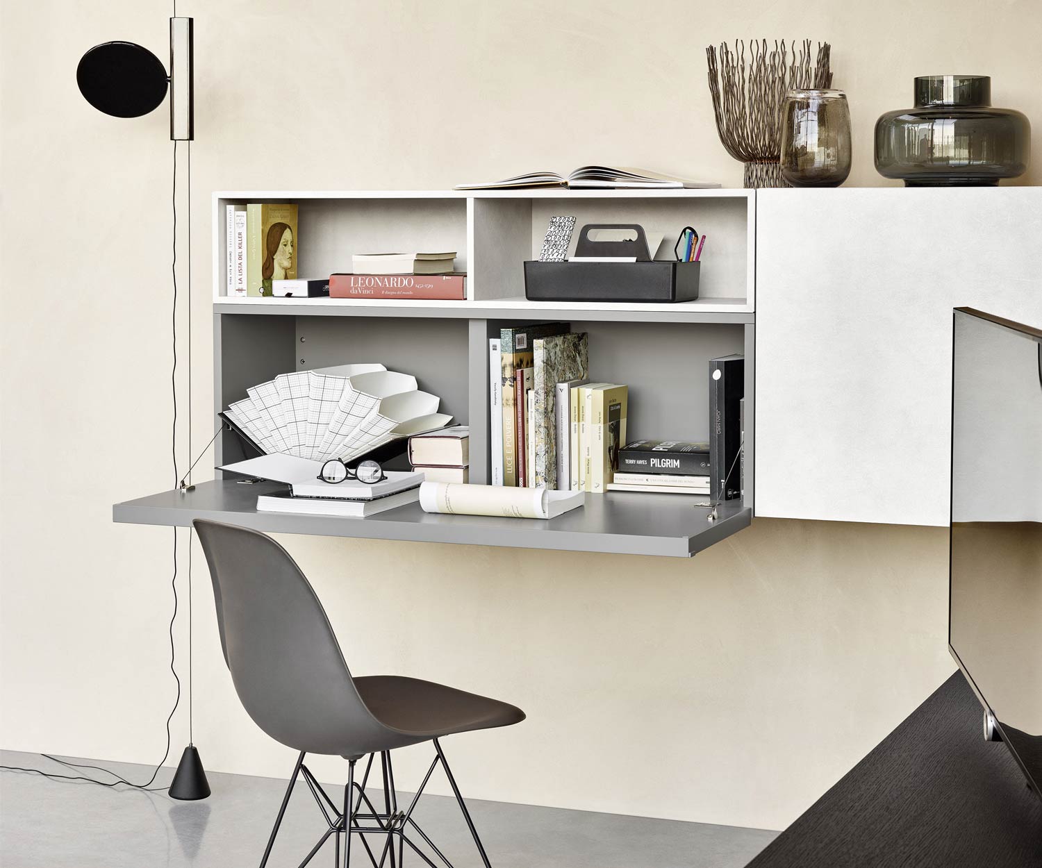Livitalia Meuble-paroi design de haute qualité C51 avec bureau en gris mat laqué