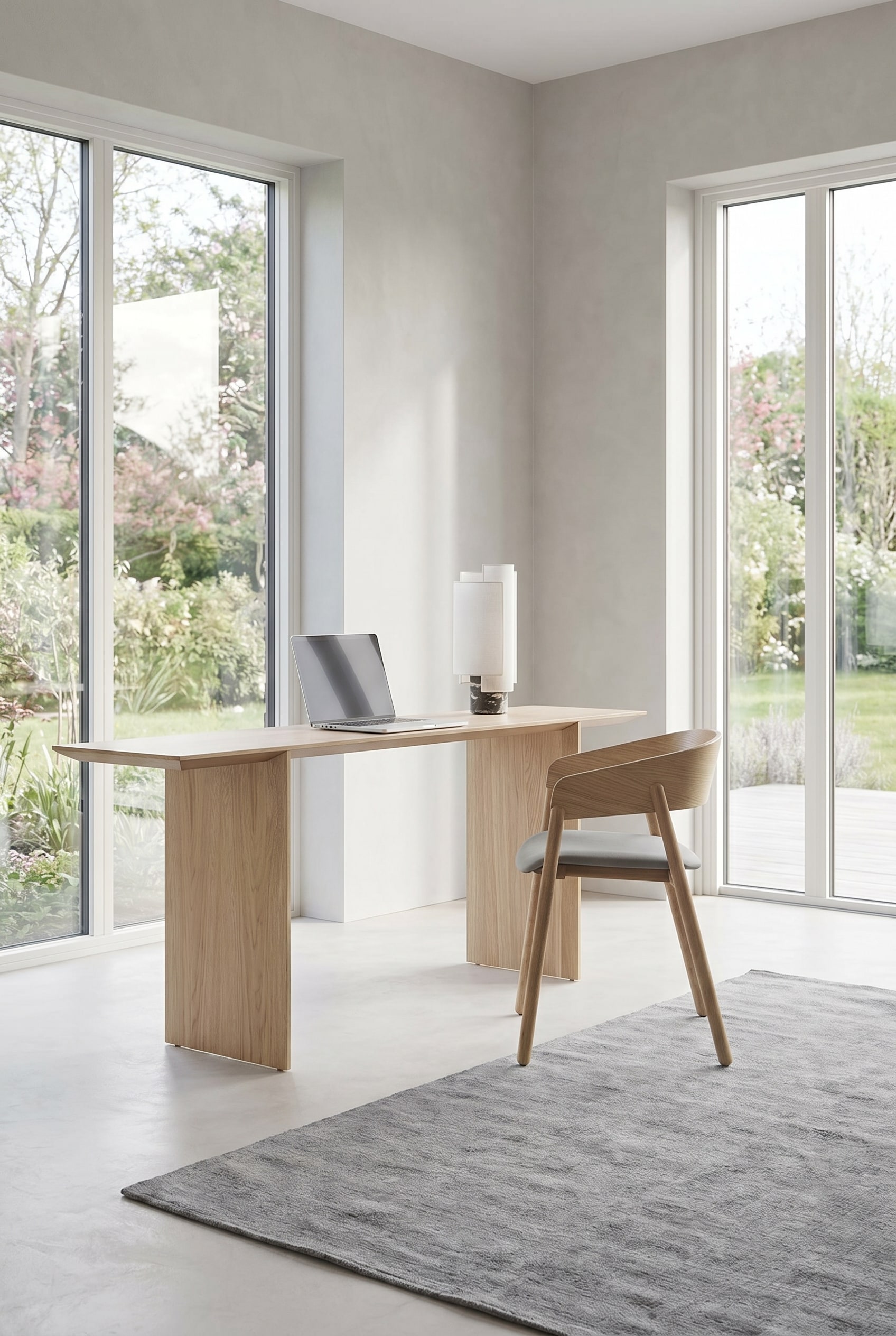 Bureau lumineux avec un bureau en chêne clair et une chaise en bois filigrane avec un coussin d'assise gris