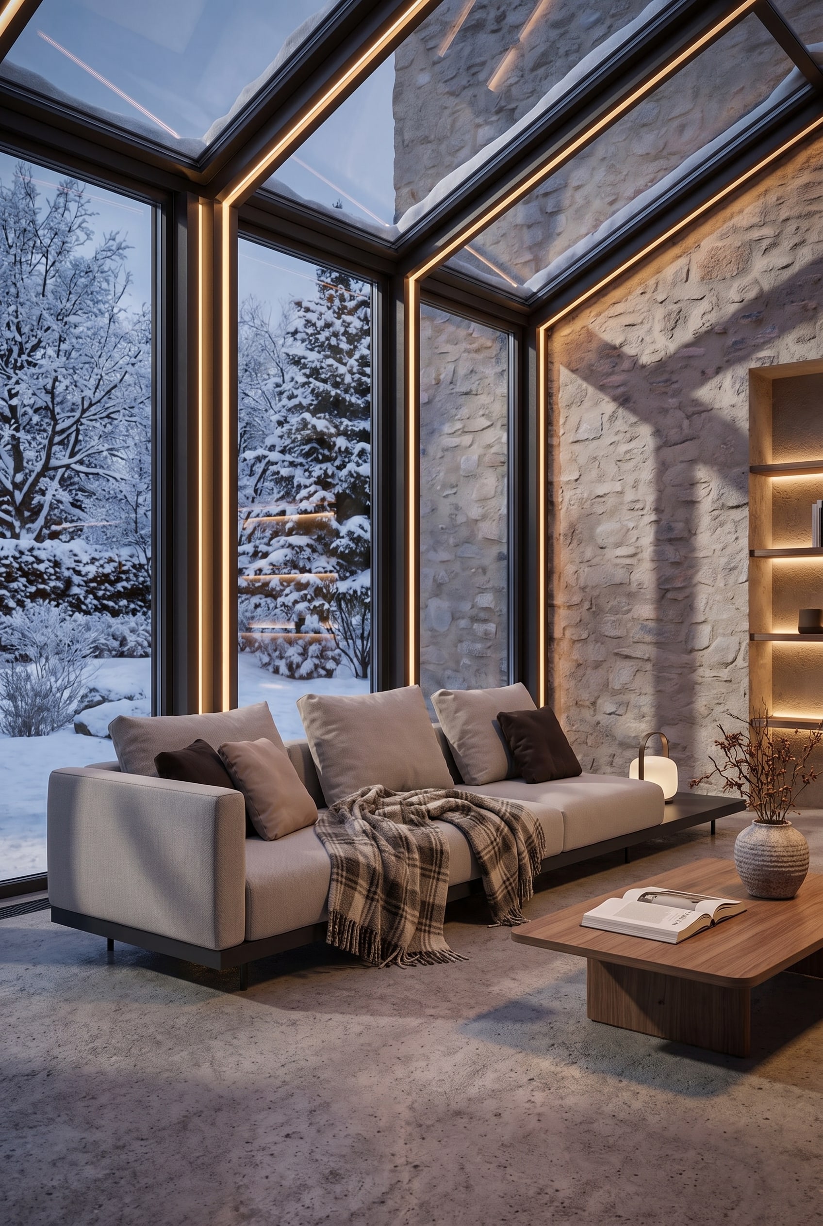 Jardin d'hiver moderne avec des fen&ecirc;tres pleine hauteur, un grand canap&eacute; modulaire d'ext&eacute;rieur gris clair avec une structure sombre, d&eacute;cor&eacute; de coussins &eacute;l&eacute;gants et d'un plaid en laine.