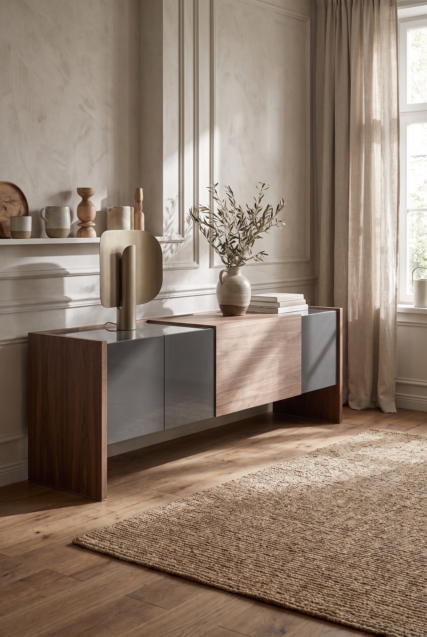 Punt Toscana Lucca Sideboard avec fa&ccedil;ade en bois structur&eacute; dans une pi&egrave;ce moderne et a&eacute;r&eacute;e de style campagne moderne.