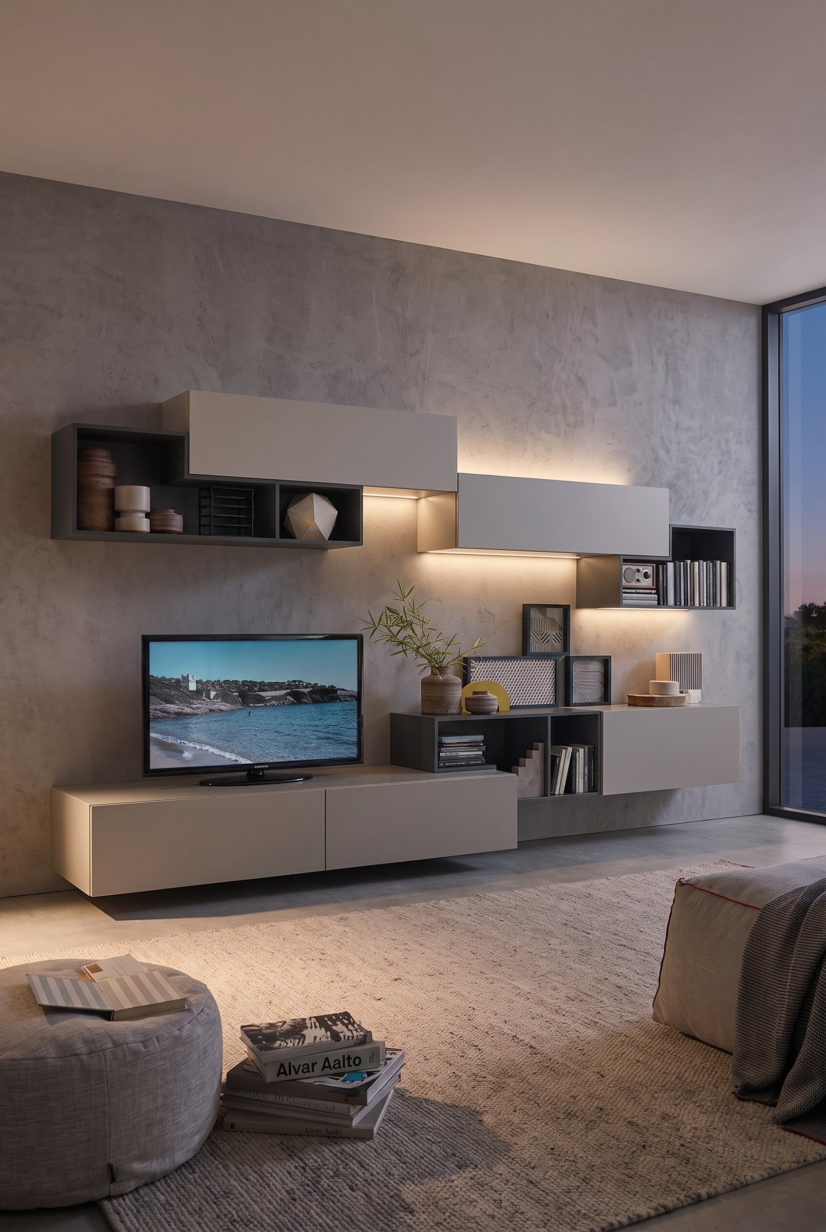 Un meuble TV mural de 280 cm de large avec des portes battantes ferm&eacute;es et satin&eacute;es sur le c&ocirc;t&eacute; gauche et une &eacute;tag&egrave;re m&eacute;tallique ouverte et filigrane dans le tiers droit.
