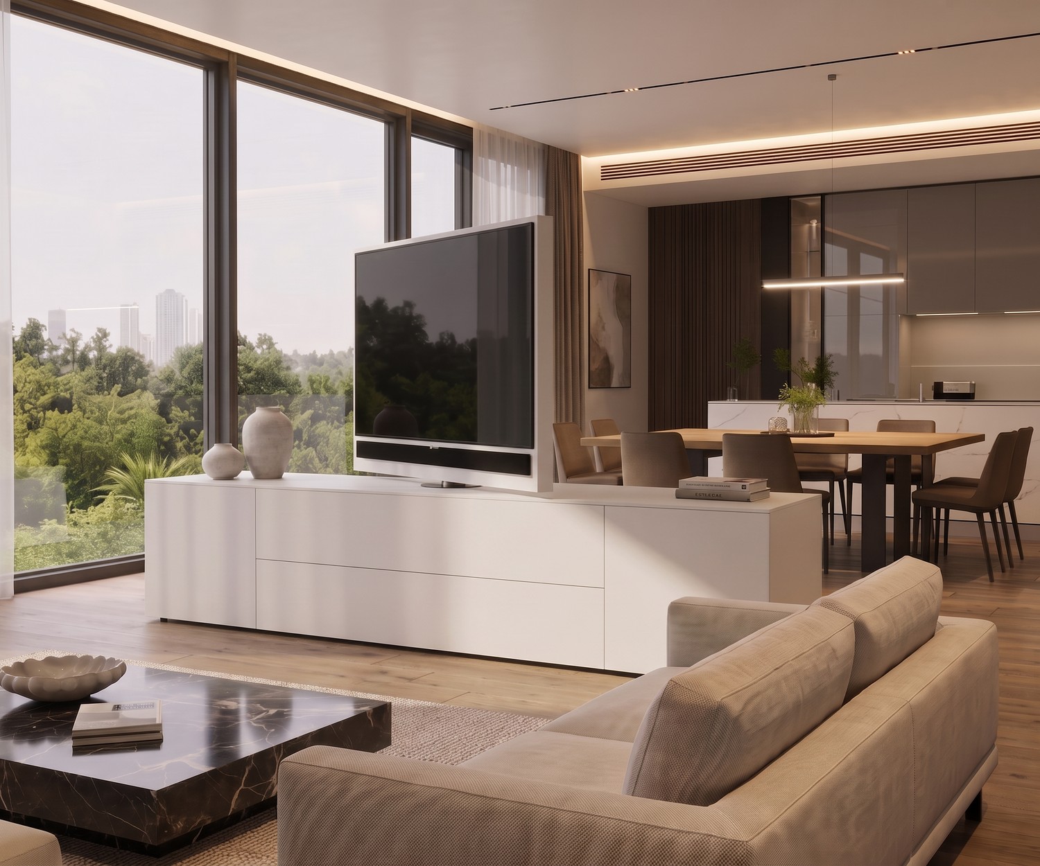 Livitalia Roto Sideboard Raumteiler mit drehbarem TV-Paneel im modernen Wohnzimmer vor offener Küche in Weiß matt.