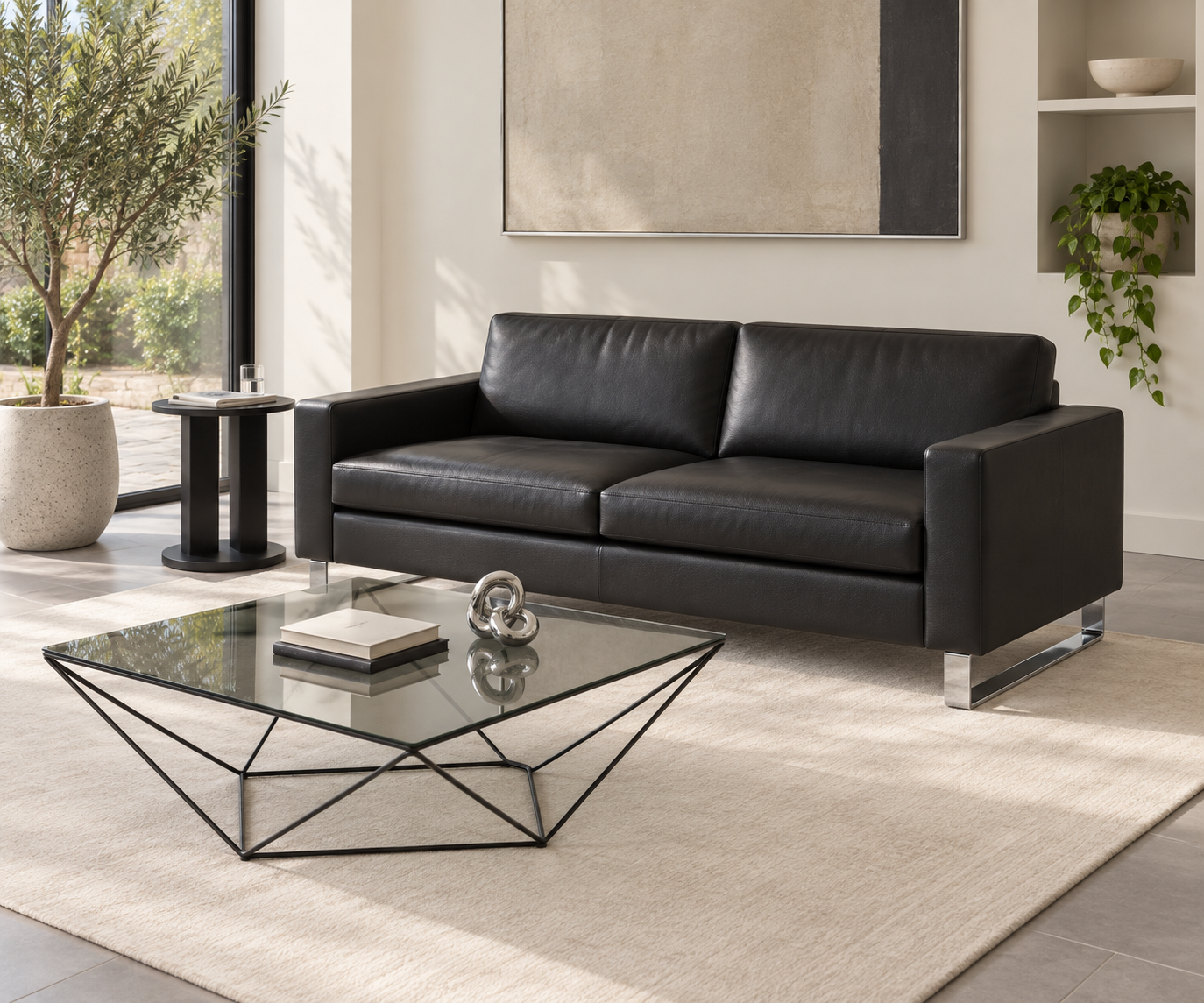 Livitalia Canapé Vinaro, 206 × 91 cm, Seminole 04 Noir, cuir véritable, piètement chromé – Vue à 45° Livitalia Canapé Vinaro, 206 × 91 cm, Seminole 04 Noir, cuir véritable, piètement chromé – Vue à 45°