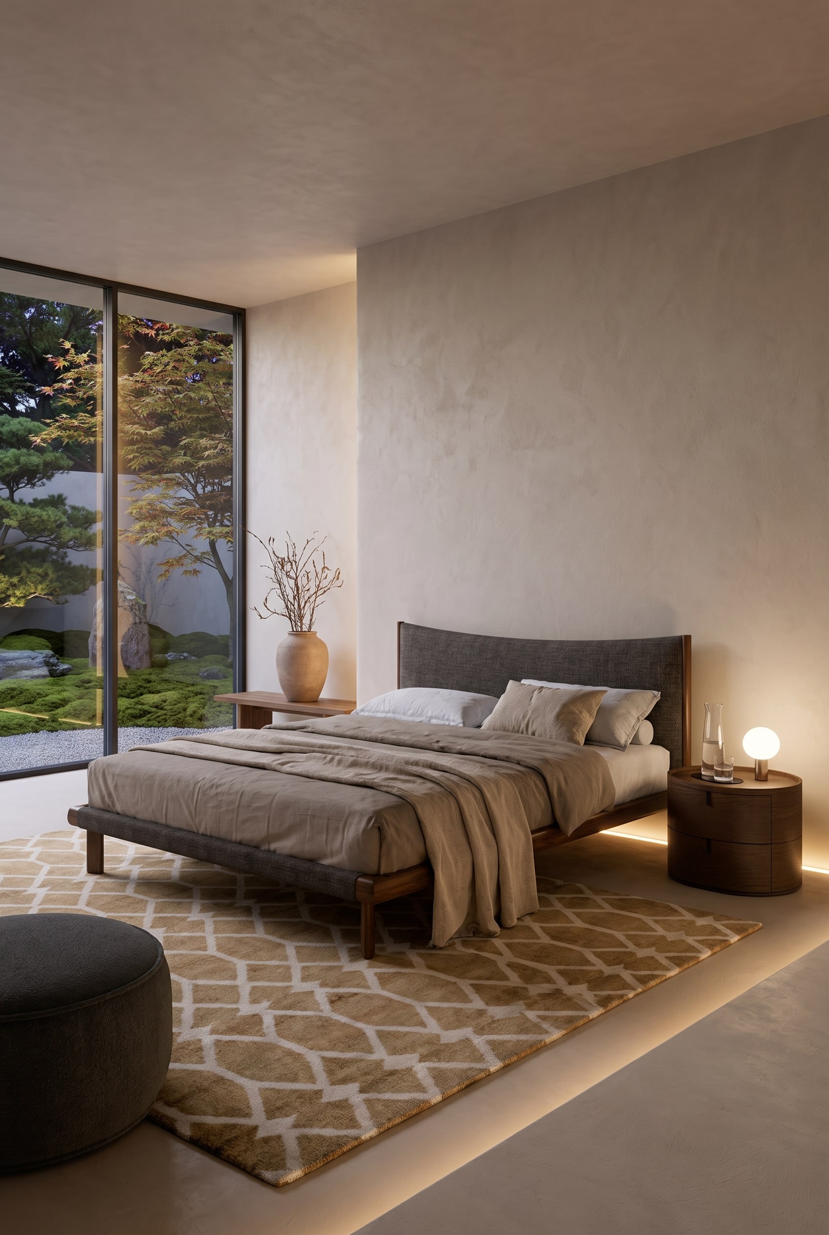 Chambre minimaliste de style Japandi avec lit en bois bas, table de chevet discr&egrave;te et &eacute;clairage indirect chaud