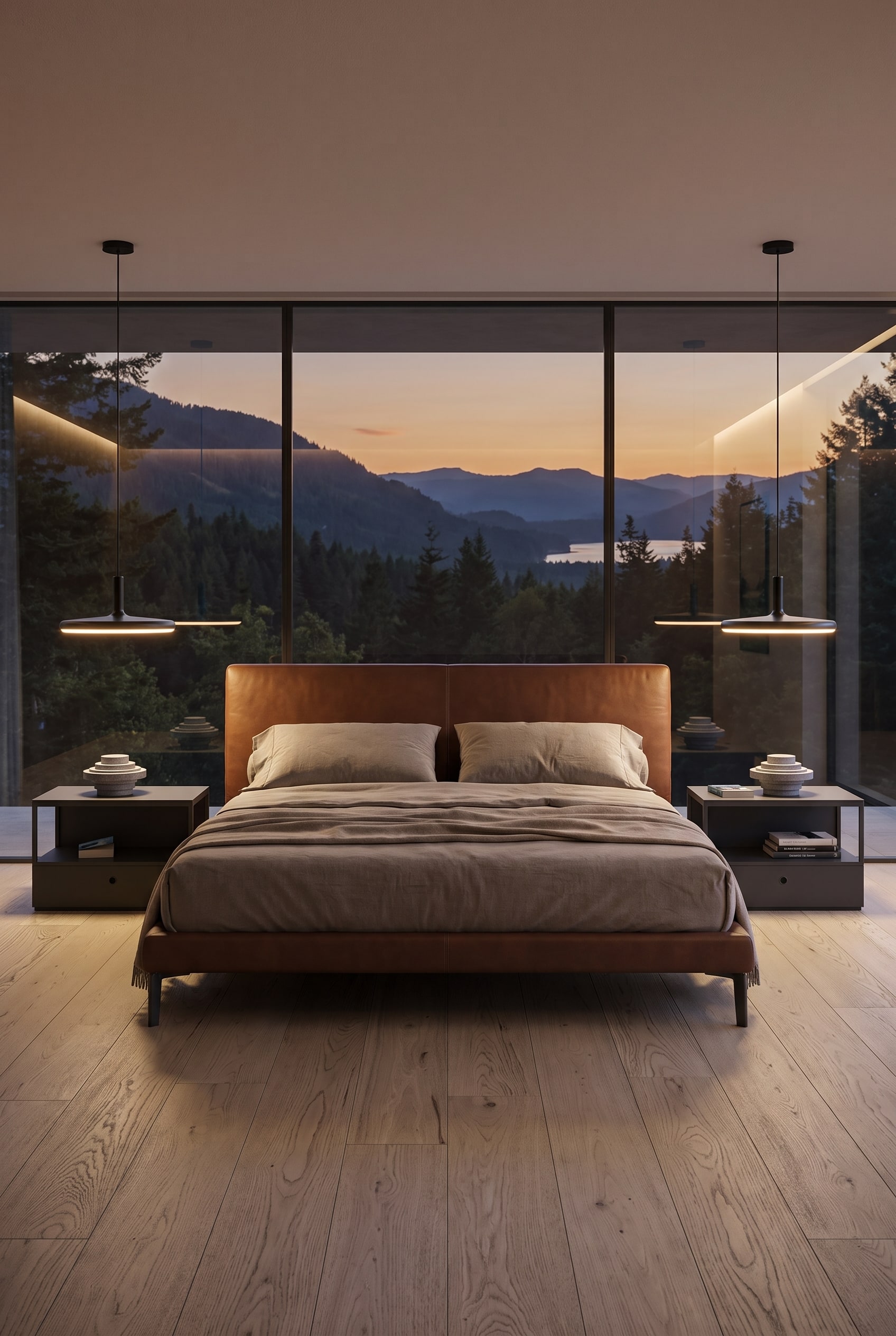 Chambre &agrave; coucher am&eacute;nag&eacute;e sym&eacute;triquement avec deux tables de chevet Novamobili Square &agrave; c&ocirc;t&eacute; d'un lit en cuir &eacute;l&eacute;gant