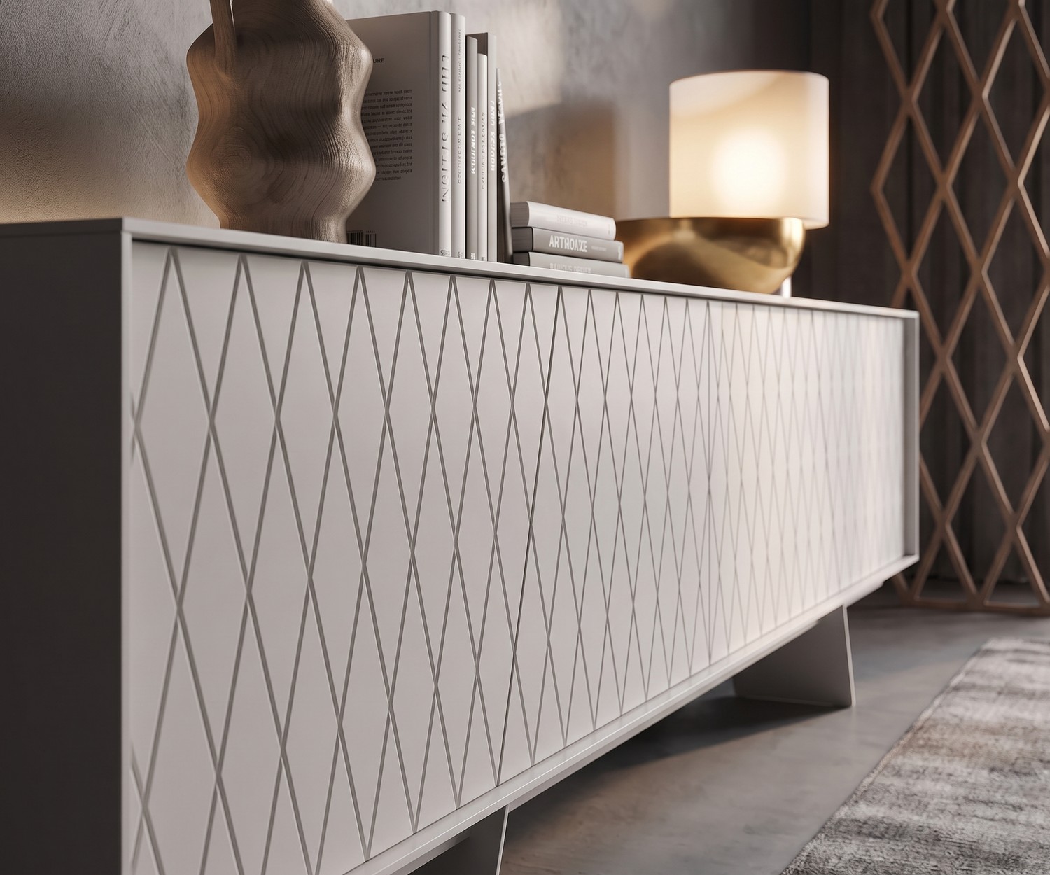 Design Sideboard al2 e-klipse 003 für das Wohnzimmer in Weiß mit Rautenmuster, modernes, minimalistisches Wohnzimmermöbel.