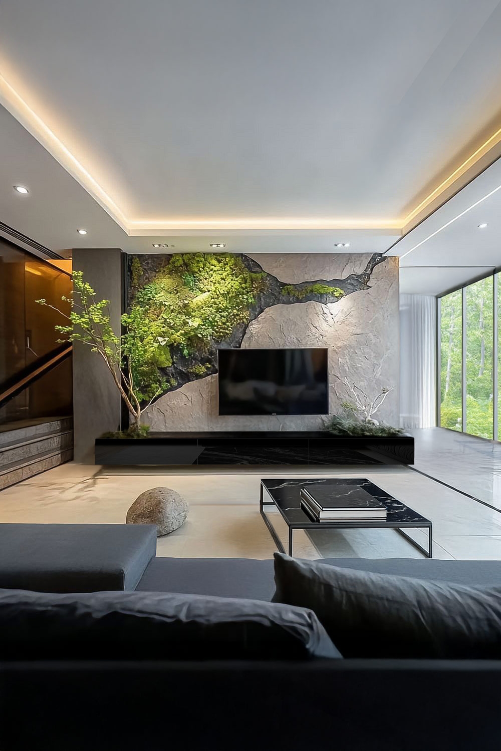 harmonisch-eingerichtetes-wohnzimmer-in-verschiedenen-grautoenen-mit-gruenen-akzenten