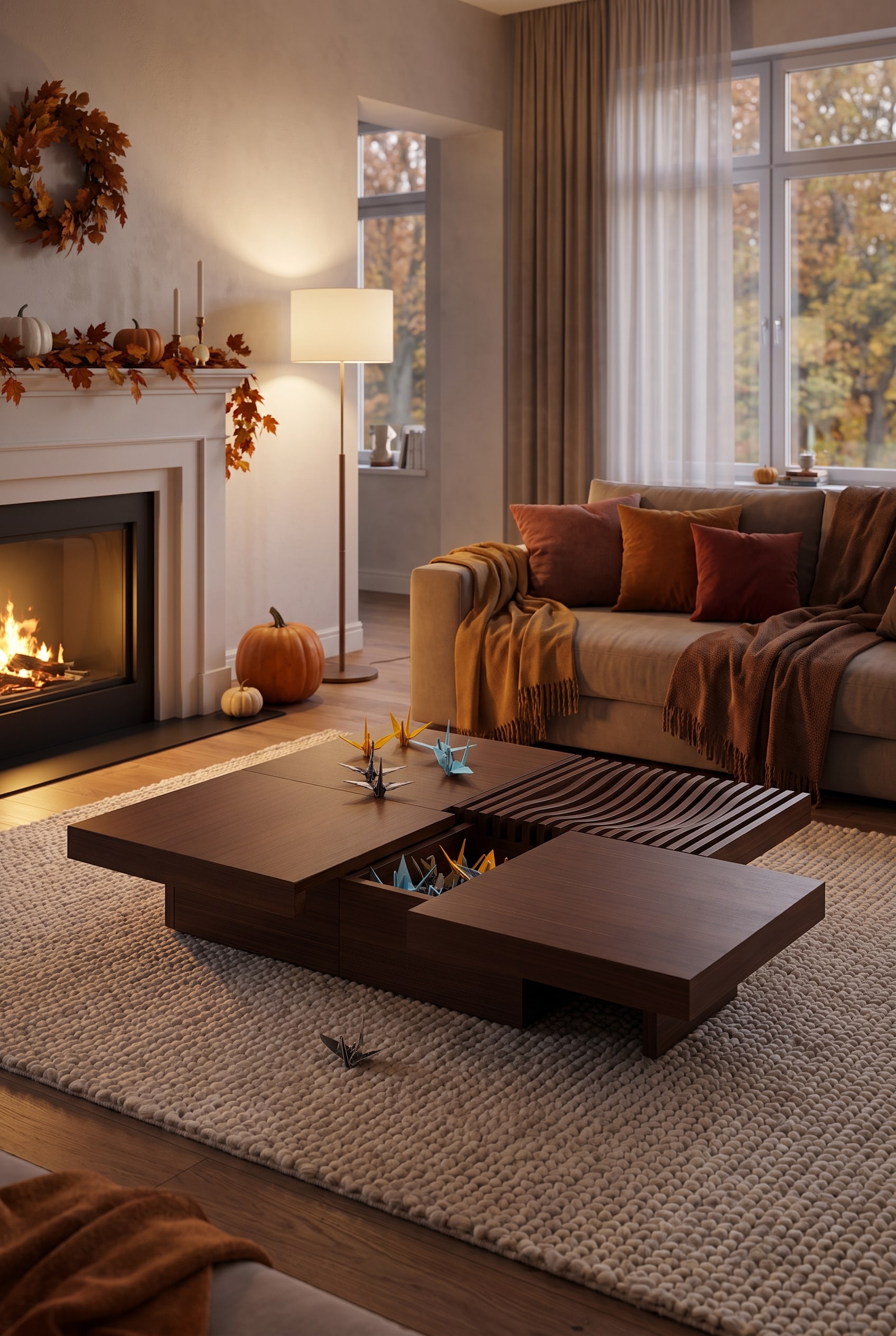 Table basse Conde House Barringer foncée en bois massif comme centre automnal dans un salon moderne et douillet