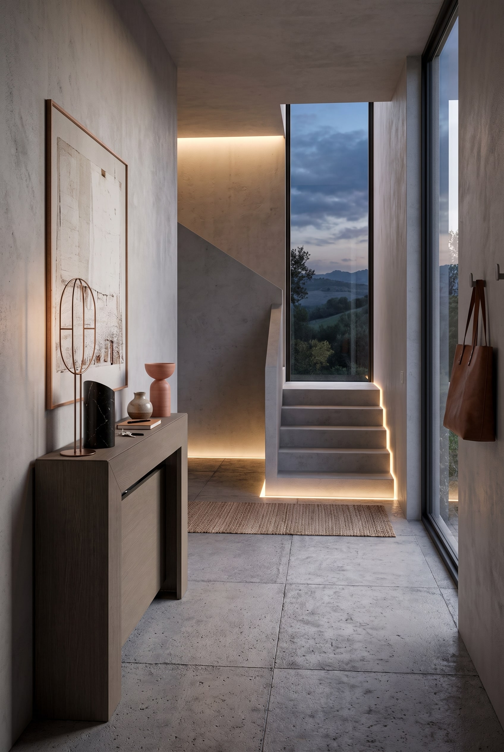 Couloir &eacute;troit menant &agrave; la cage d'escalier avec une console moderne extr&ecirc;mement mince et un vase d&eacute;coratif en c&eacute;ramique