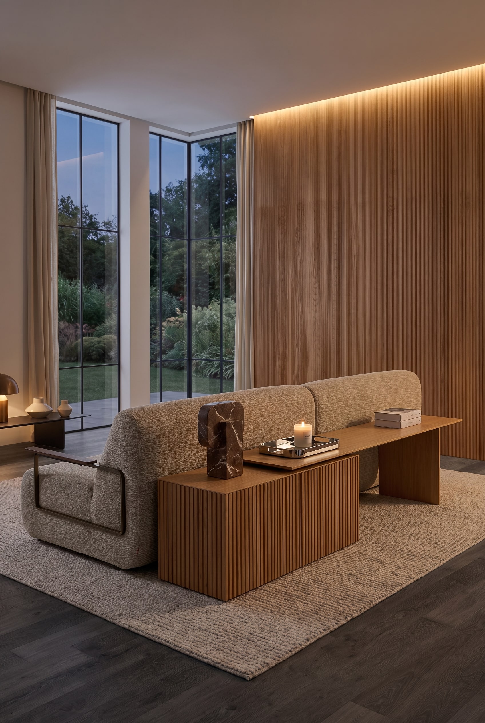 Ein helles Eichen-Sideboard steht als Raumtrenner hinter einem beigen Sofa, dekoriert mit Marmorskulptur und einem Chrom-Tablett.