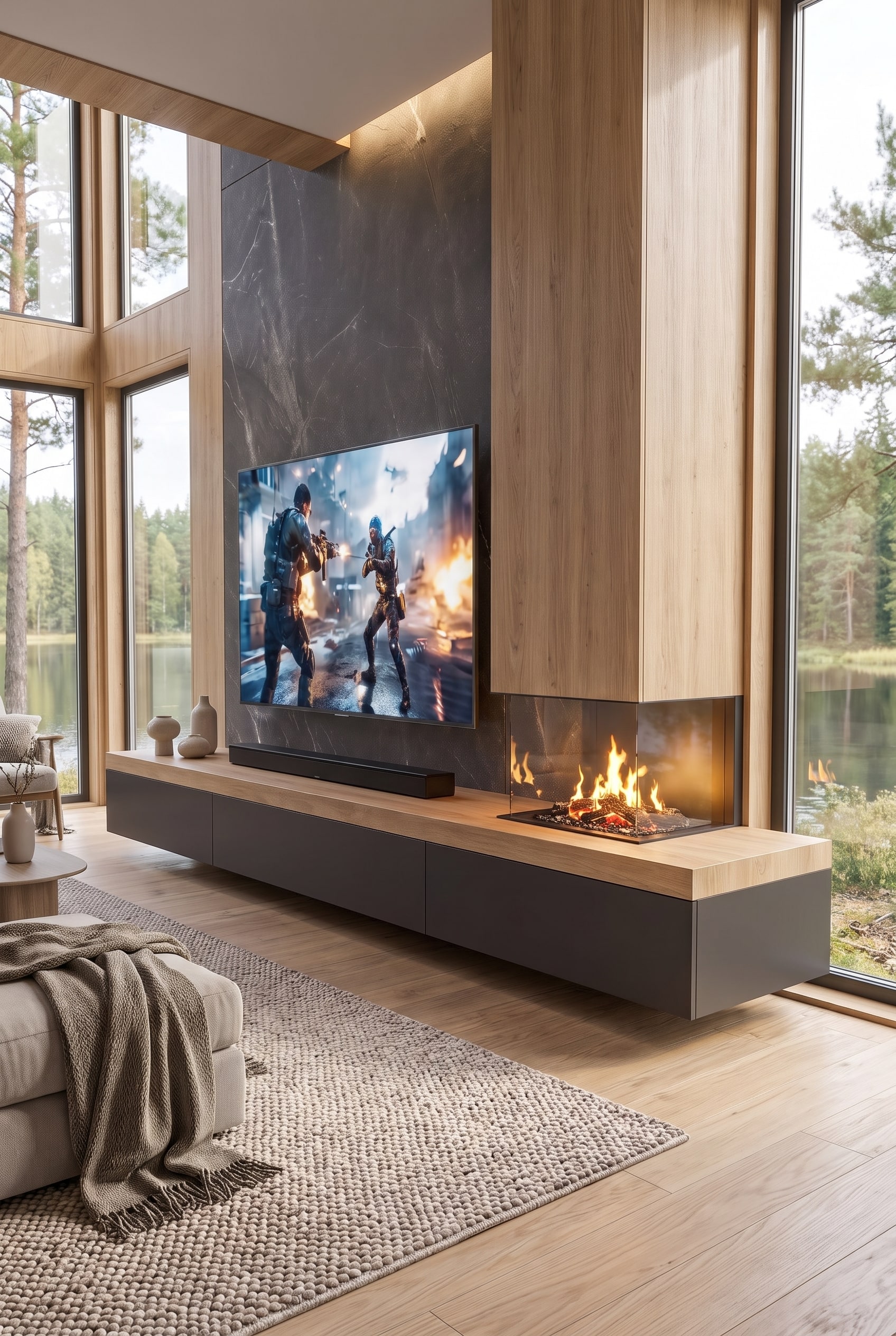 Meuble TV scandinave avec cheminée, lamelles de chêne clair et un meuble bas flottant avec plateau épais