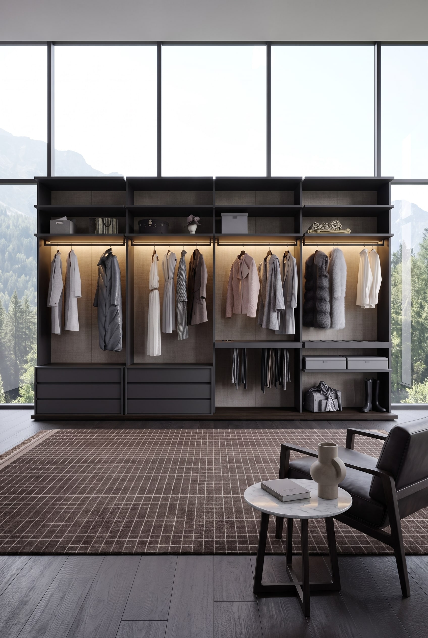 Dunkler, offener begehbarer Kleiderschrank mit schlanken Aluminiumrahmen in Anthrazit, Holzfachböden und warm beleuchteter Kleidung
