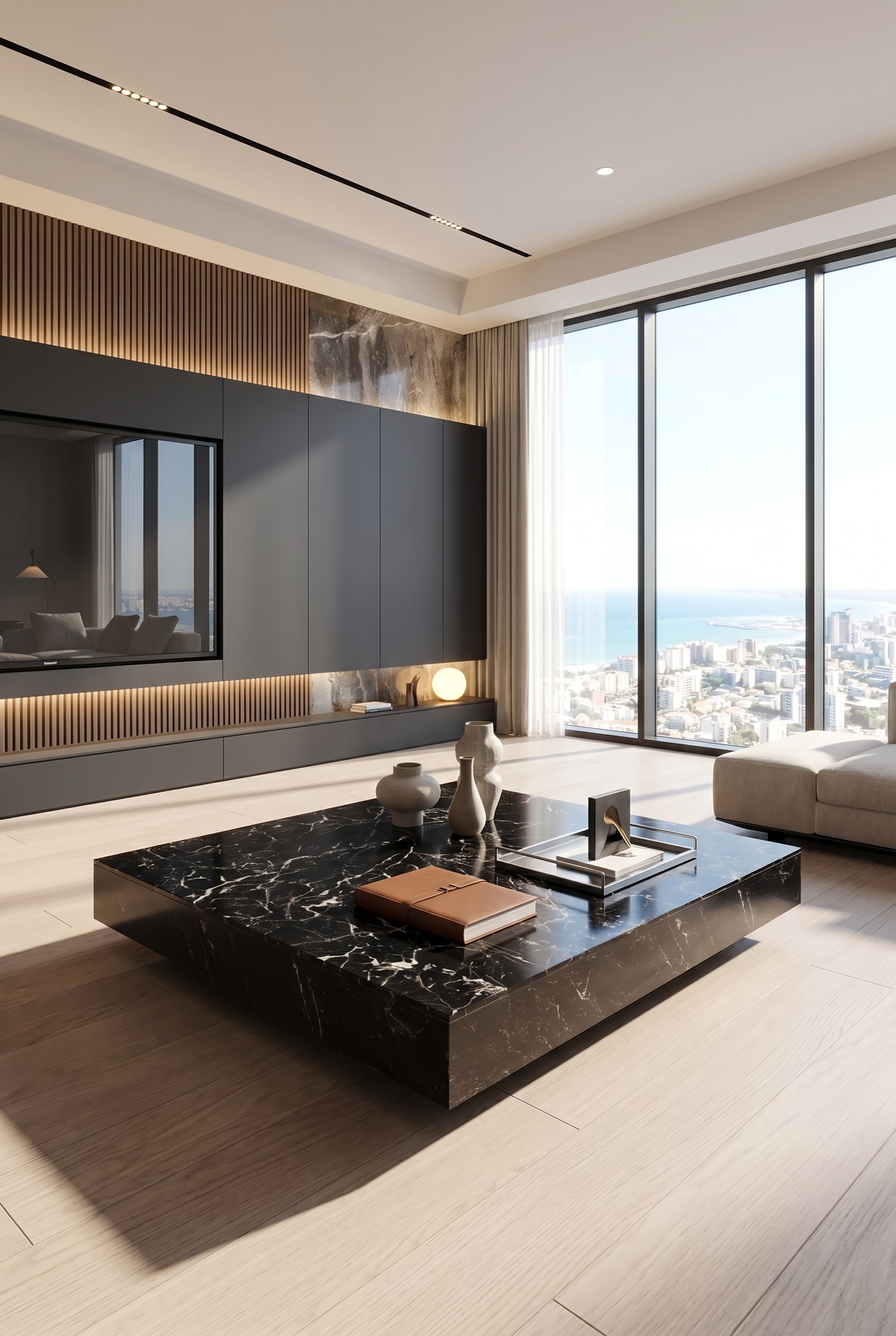 Meuble mural sombre et &eacute;l&eacute;gant sur mesure dans une pi&egrave;ce par ailleurs lumineuse, d&eacute;montrant la r&egrave;gle des couleurs 60-30-10