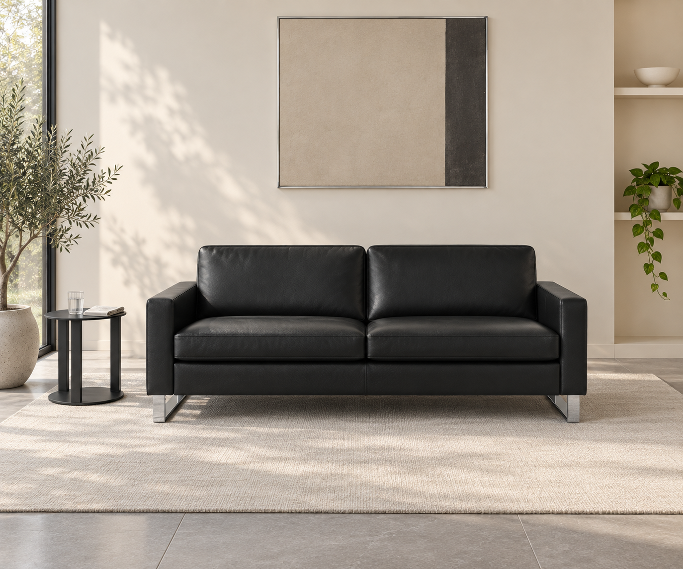 Livitalia Canapé Vinaro, 206 × 91 cm, Seminole 04 Noir, cuir véritable, piètement chromé – Vue de face sans table basse