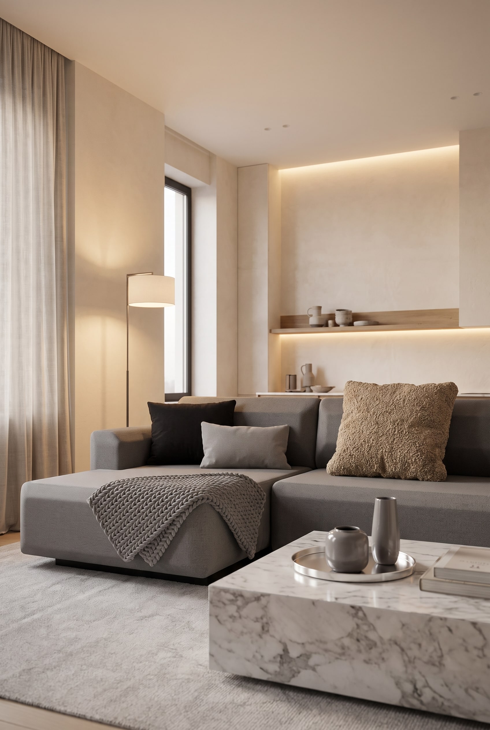 Canapé-lit minimaliste Prostoria Fade avec un coussin en bouclé grossièrement tissé comme contraste haptique.
