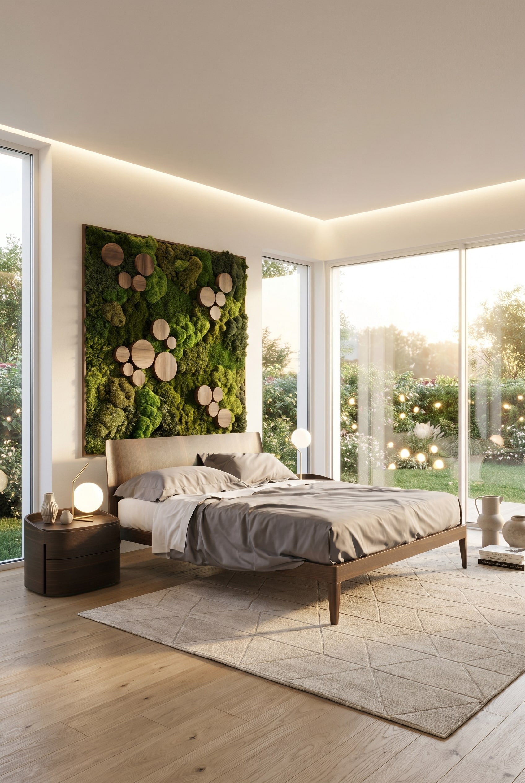 Helles Schlafzimmer mit einem Holzbett, flankiert von zwei runden, zylindrischen Nachttischen in dunklem Holz auf einem hellen Teppich