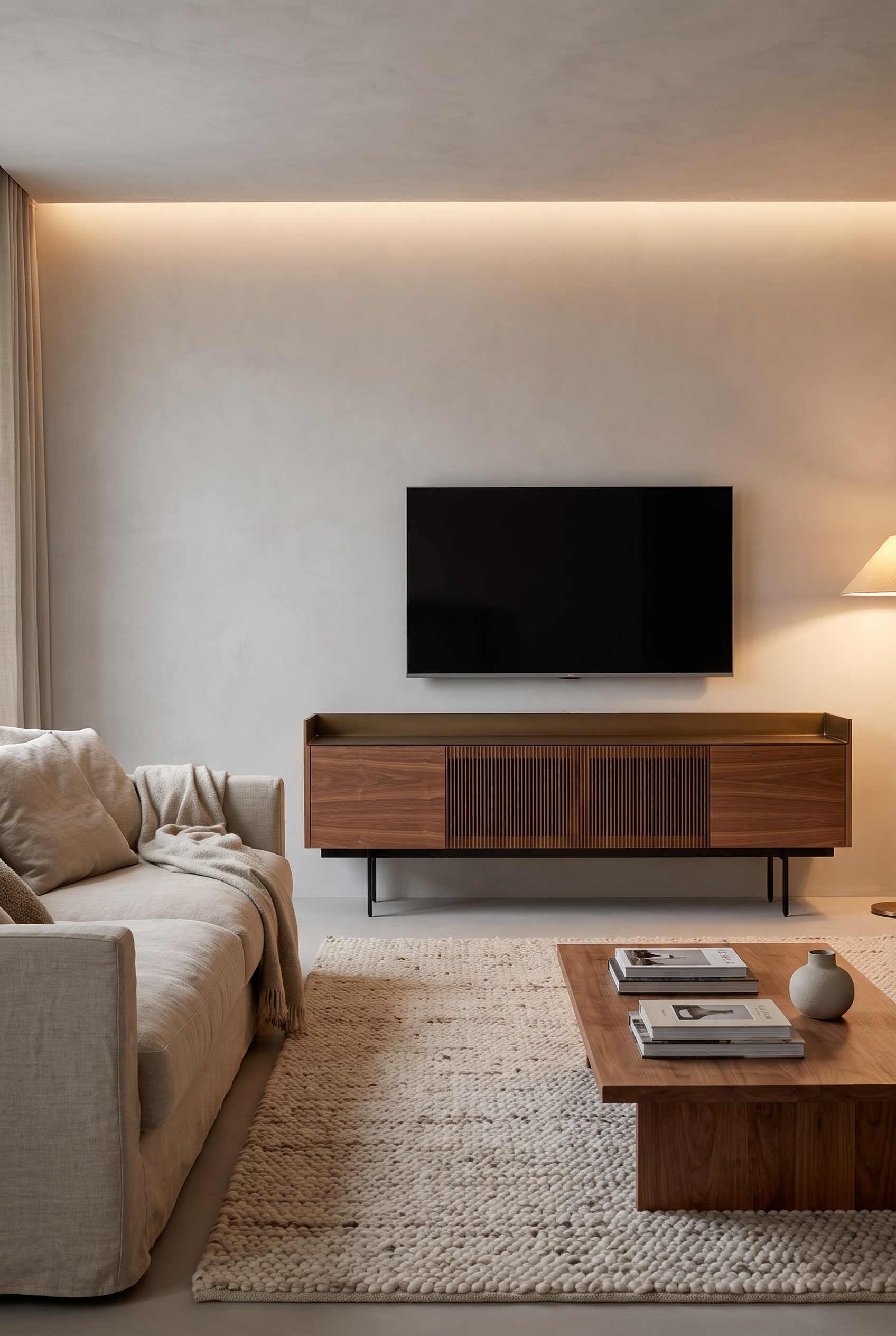 Meuble TV bas al2 Mobius 004 en noyer am&eacute;ricain avec un placage continu devant un mur sobre.
