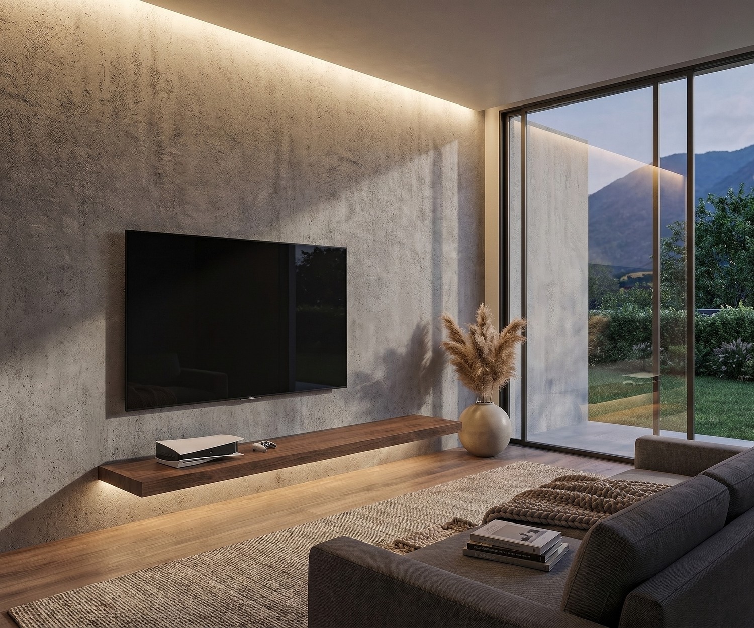 Livitalia Design TV Wandboard aus Holz Livitalia TV Wandboard aus Holz im minimalistischen Wohnzimmer an einer Betonwand unter dem Fernseher.