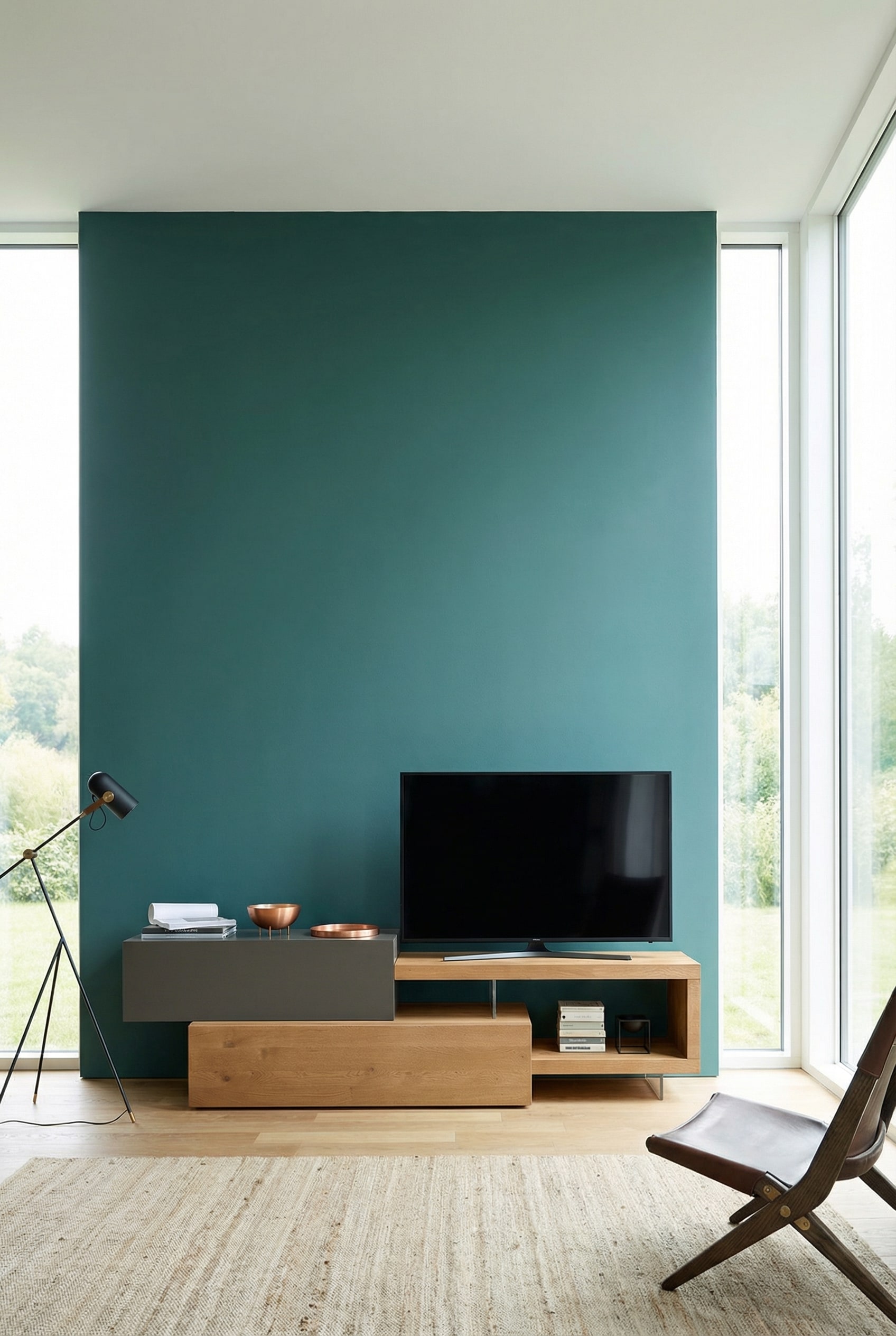 Meuble mural avec &eacute;l&eacute;ments en bois devant un mur couleur p&eacute;trole