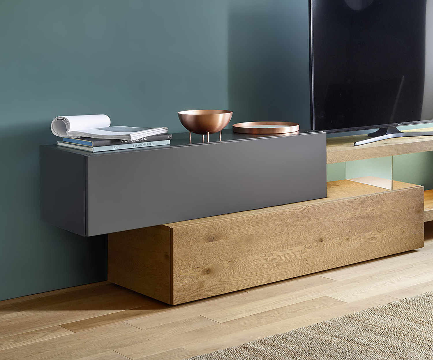 Meuble TV design exclusif Livitalia C32 en gris mat Design Lowboard pour TV compartiment ouvert