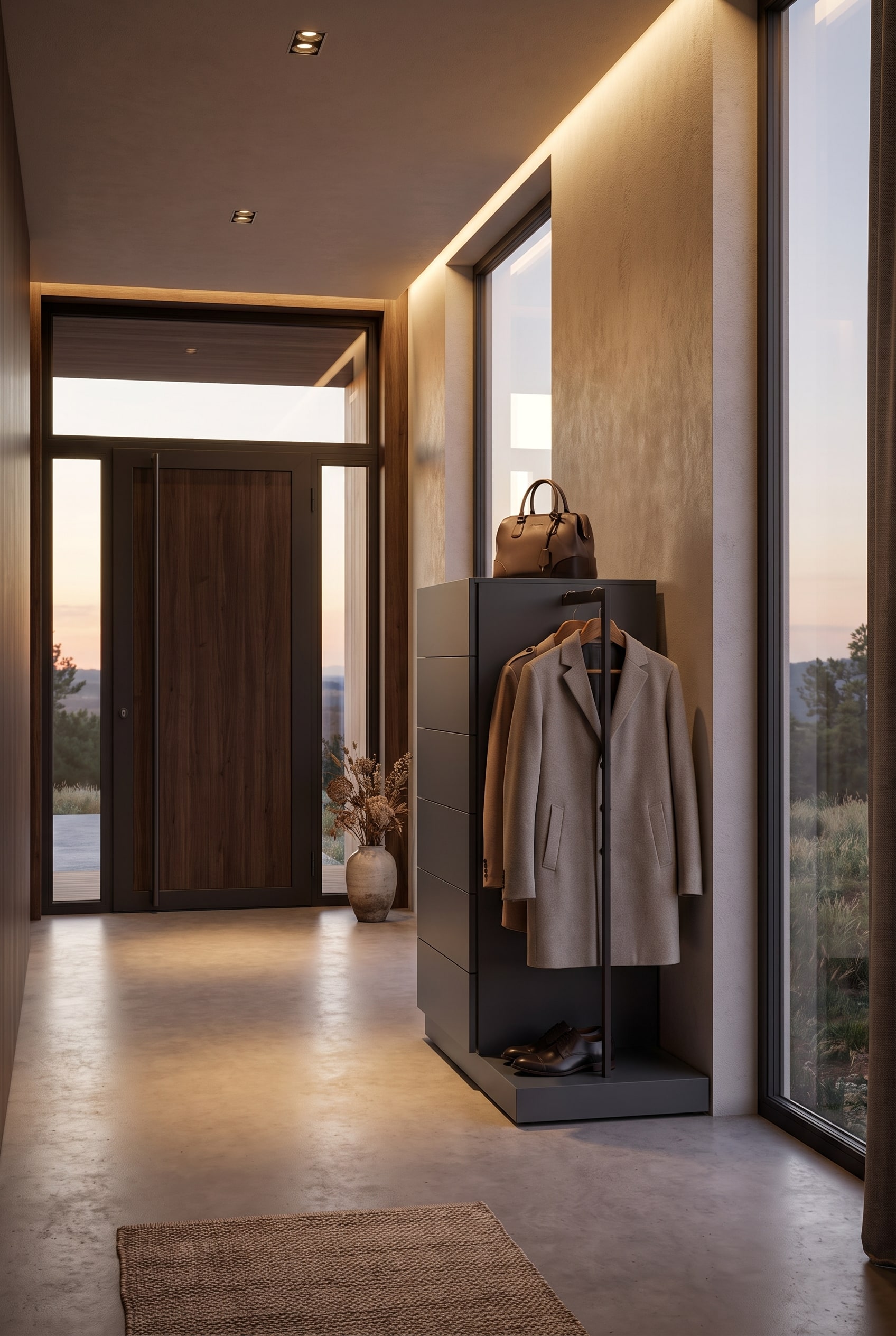 Commode haute moderne Novamobili Easy 6 avec panneau de penderie dans un couloir élégant, avec un sac à main posé dessus et des vestes d'invités accrochées aux crochets.