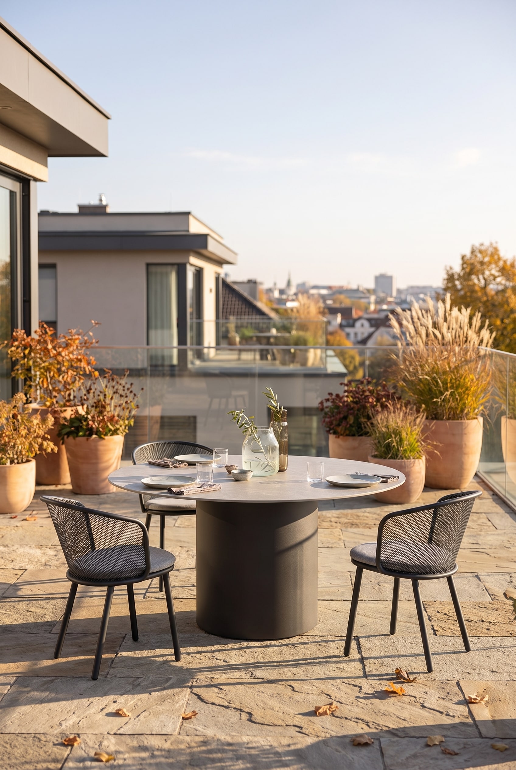 Table &agrave; manger d'ext&eacute;rieur minimaliste en anthracite avec un plateau tr&egrave;s plat sur une terrasse en pierre naturelle