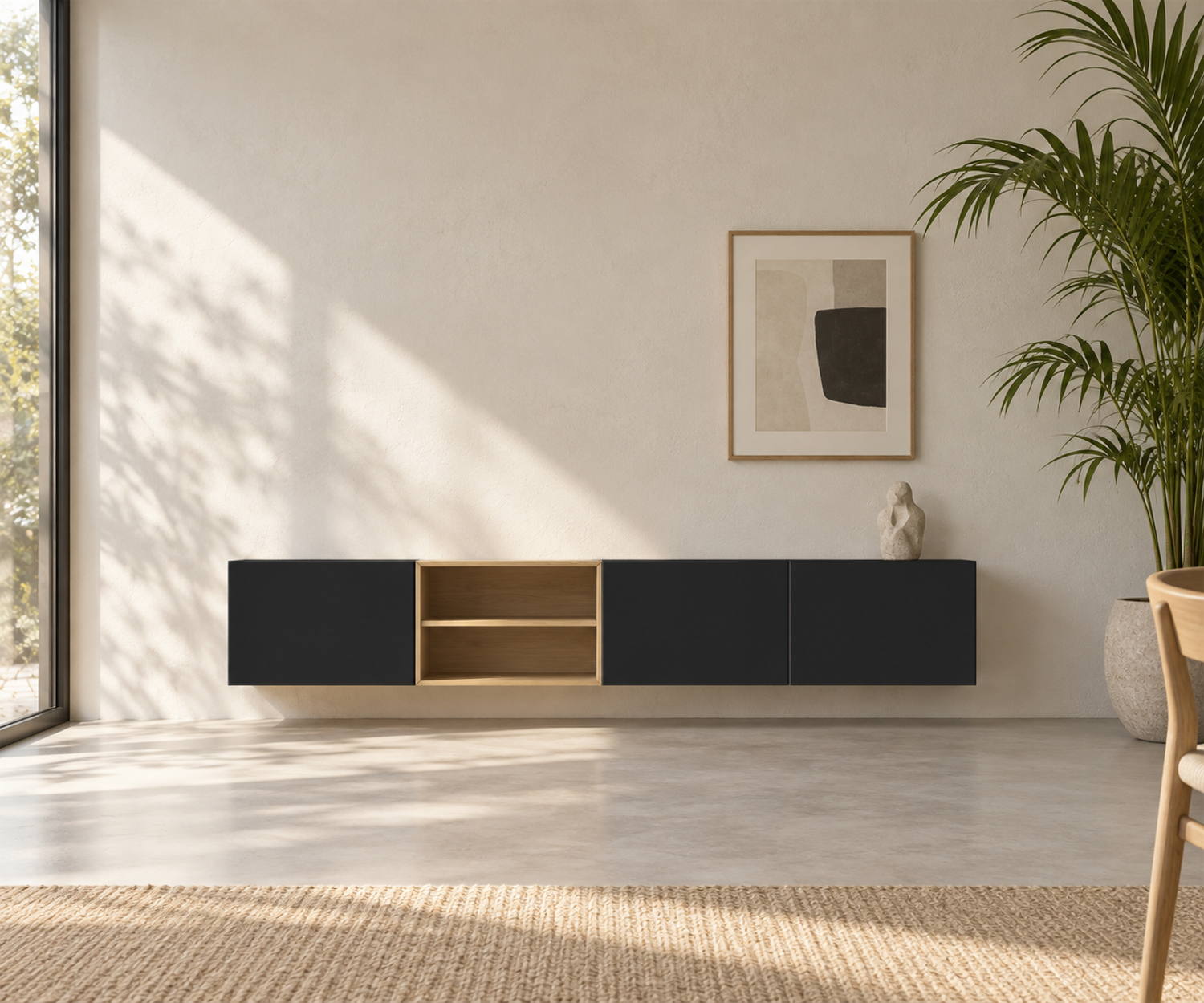 Livitalia Box 18 Wand Sideboard 240 cm – Matt Schwarz + Eiche Hell
