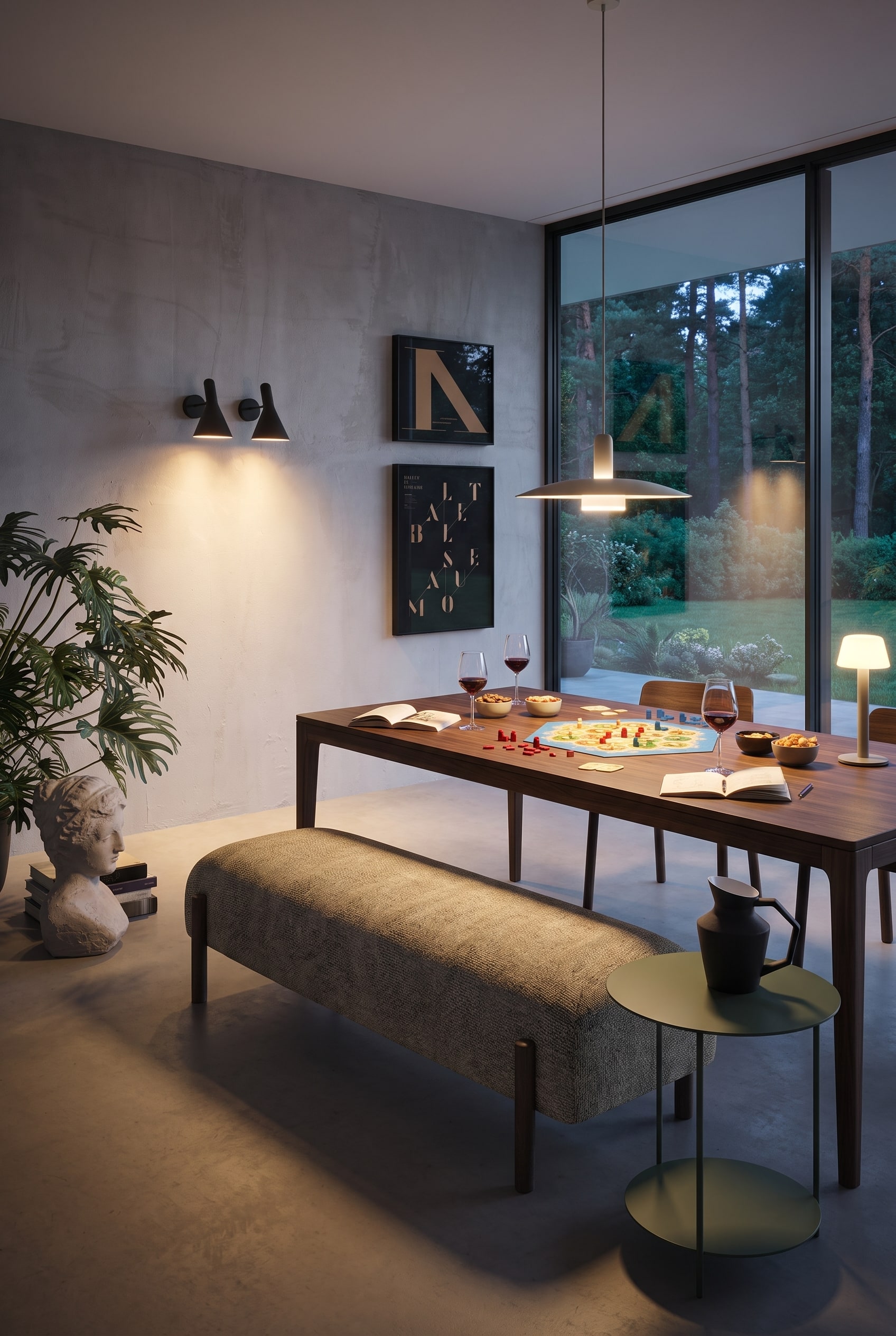 Intérieur moderne avec un banc rembourré sur pieds en bois, une table d'appoint verte et des impressions d'art au mur