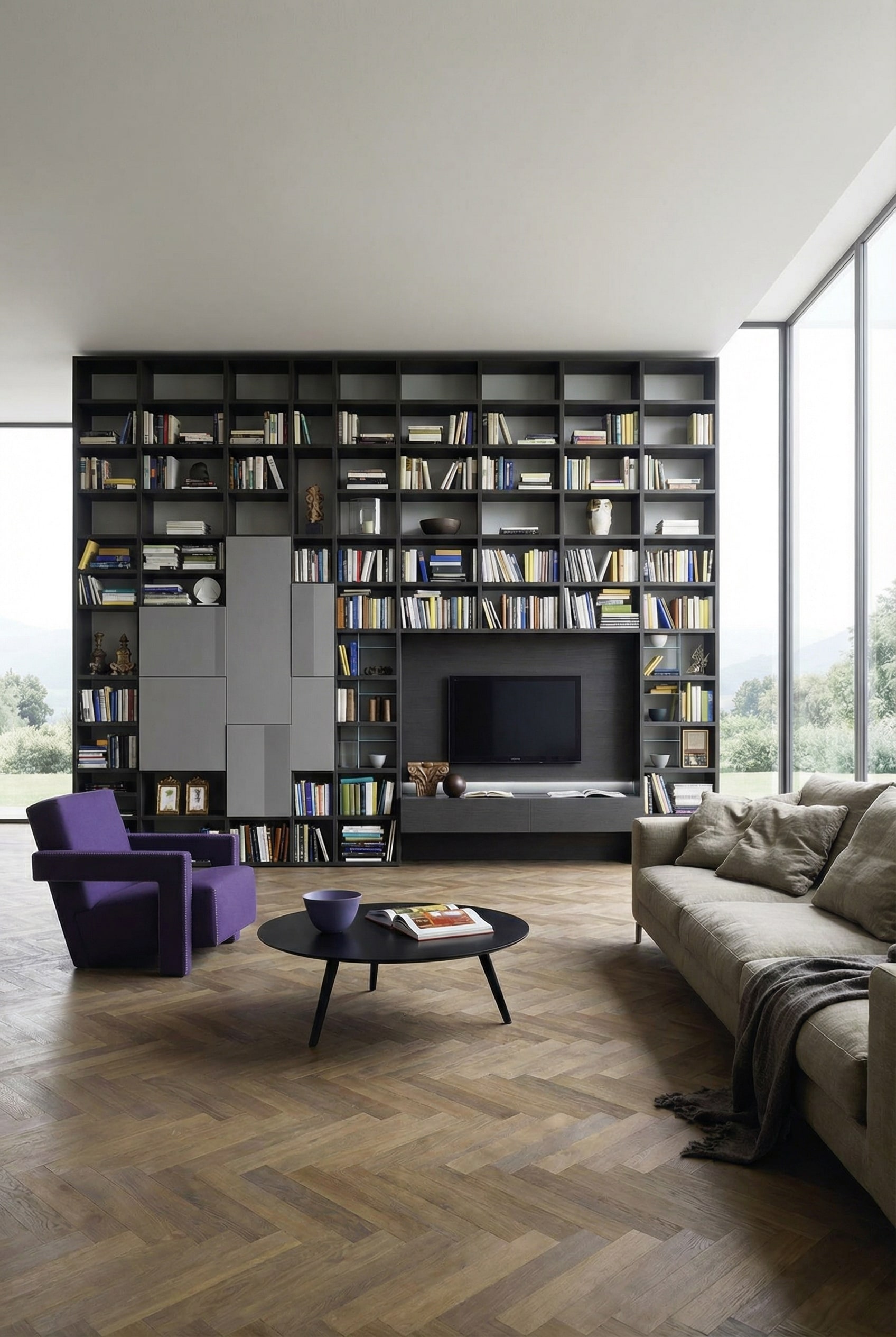 Dunkles Livitalia Wohnzimmerregal C54 mit perfekt proportionierten Büchern und Deko-Elementen nach der 60-30-10 Regel. Dunkles Livitalia Wohnzimmerregal C54 mit perfekt proportionierten Büchern und Deko-Elementen nach der 60-30-10 Regel.