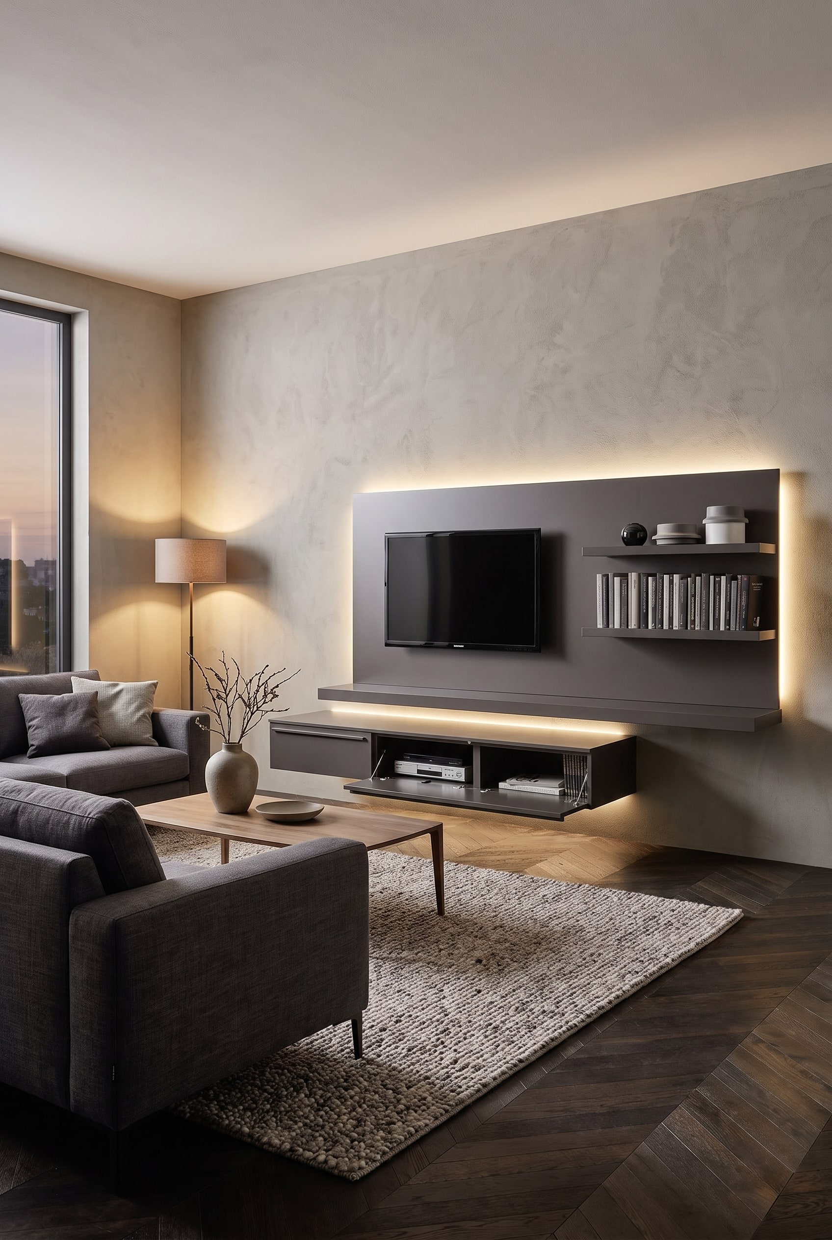 Mur de salon avec meuble TV mural flottant et téléviseur à écran plat intégré